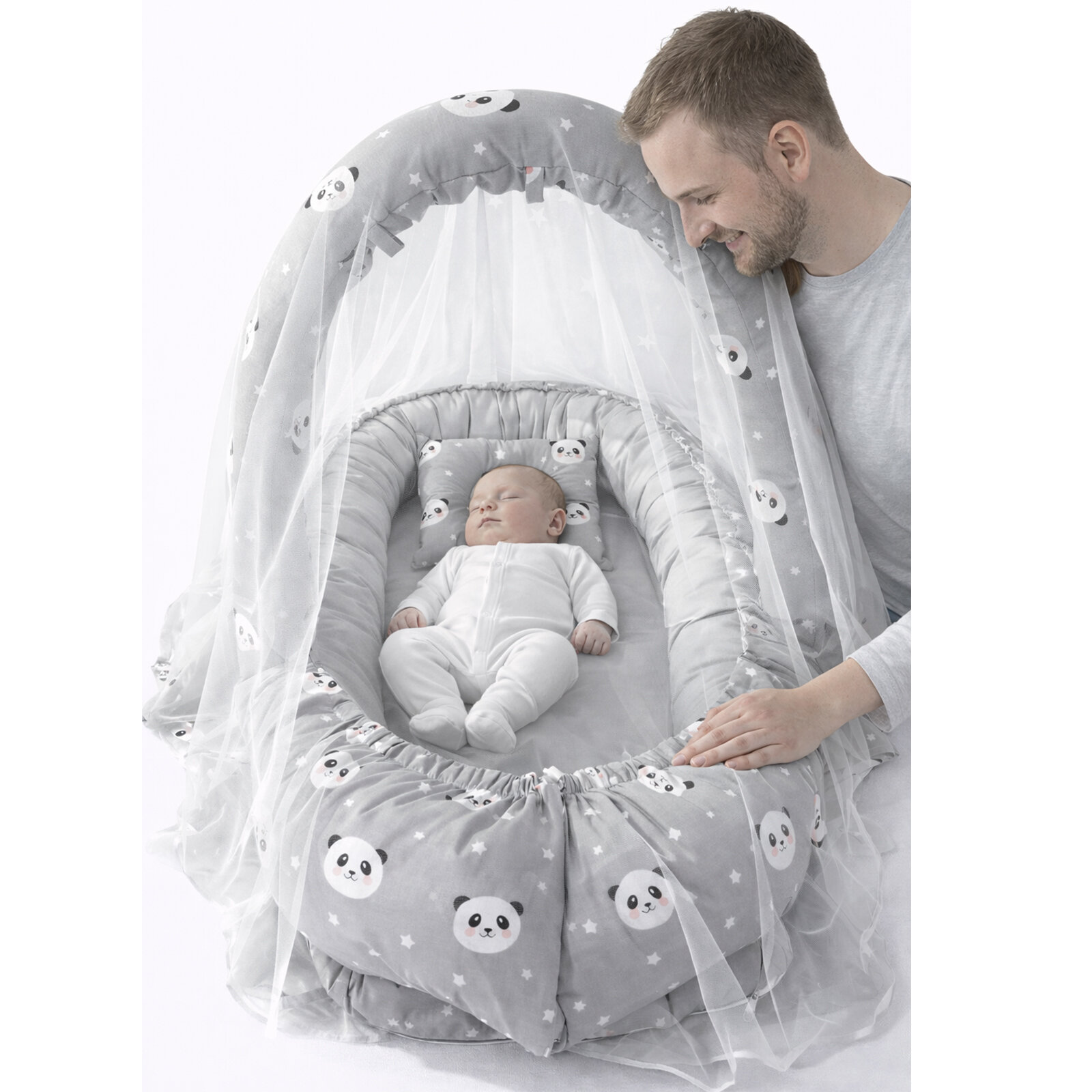 Gri Panda Cibinlik Tüllü ve Oyuncak Askılı Lüx Tasarım Babynest - Premium Baby nest