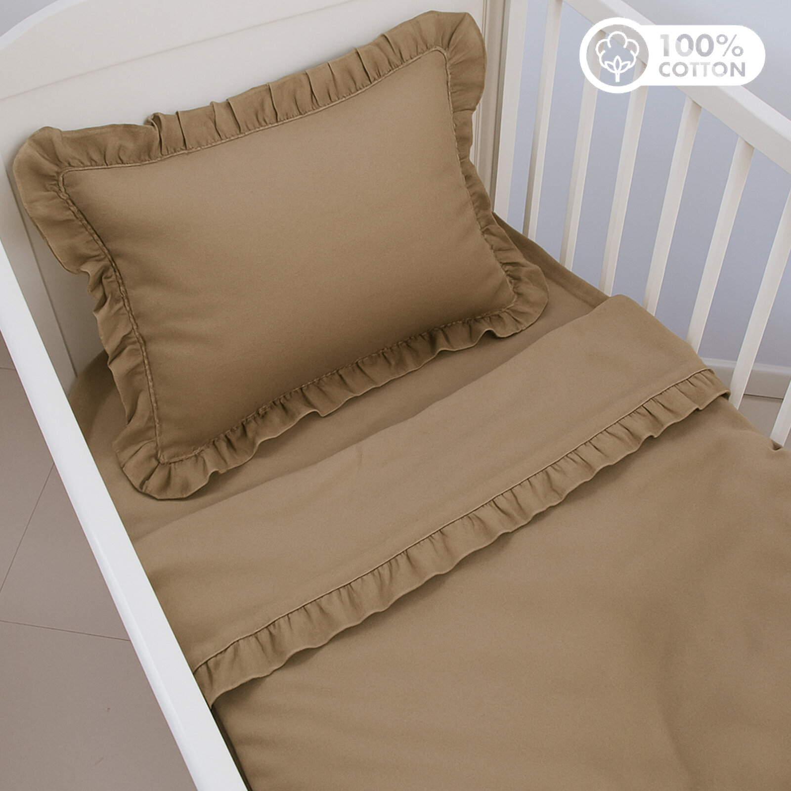 Kahve Bebek Nevresim Takımı – 60x120 | 70x140 | 80x130 Beşik Uyumlu – Fırfırlı Premium Set