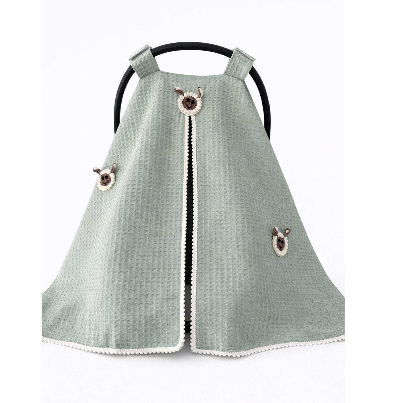 Yeşil Petek Pike Kumaş Tek Kat Puset Örtüsü - Kuzu İşlemeli Yeşil Petek Pike Kumaş Tek Kat Puset Örtüsü - Kuzu İşlemeli