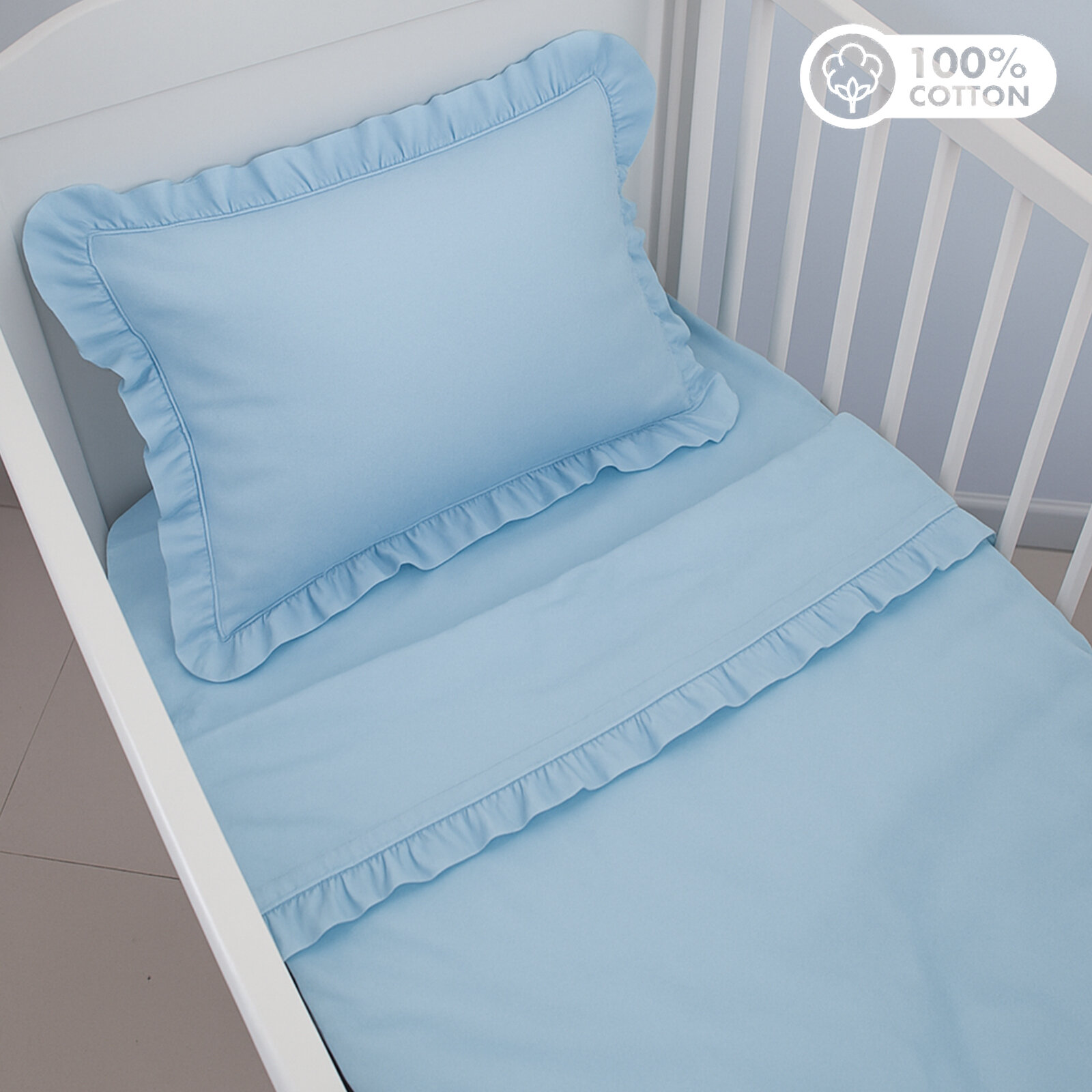 Mavi Bebek Nevresim Takımı – 60x120 | 70x140 | 80x130 Beşik Uyumlu – Fırfırlı Premium Set