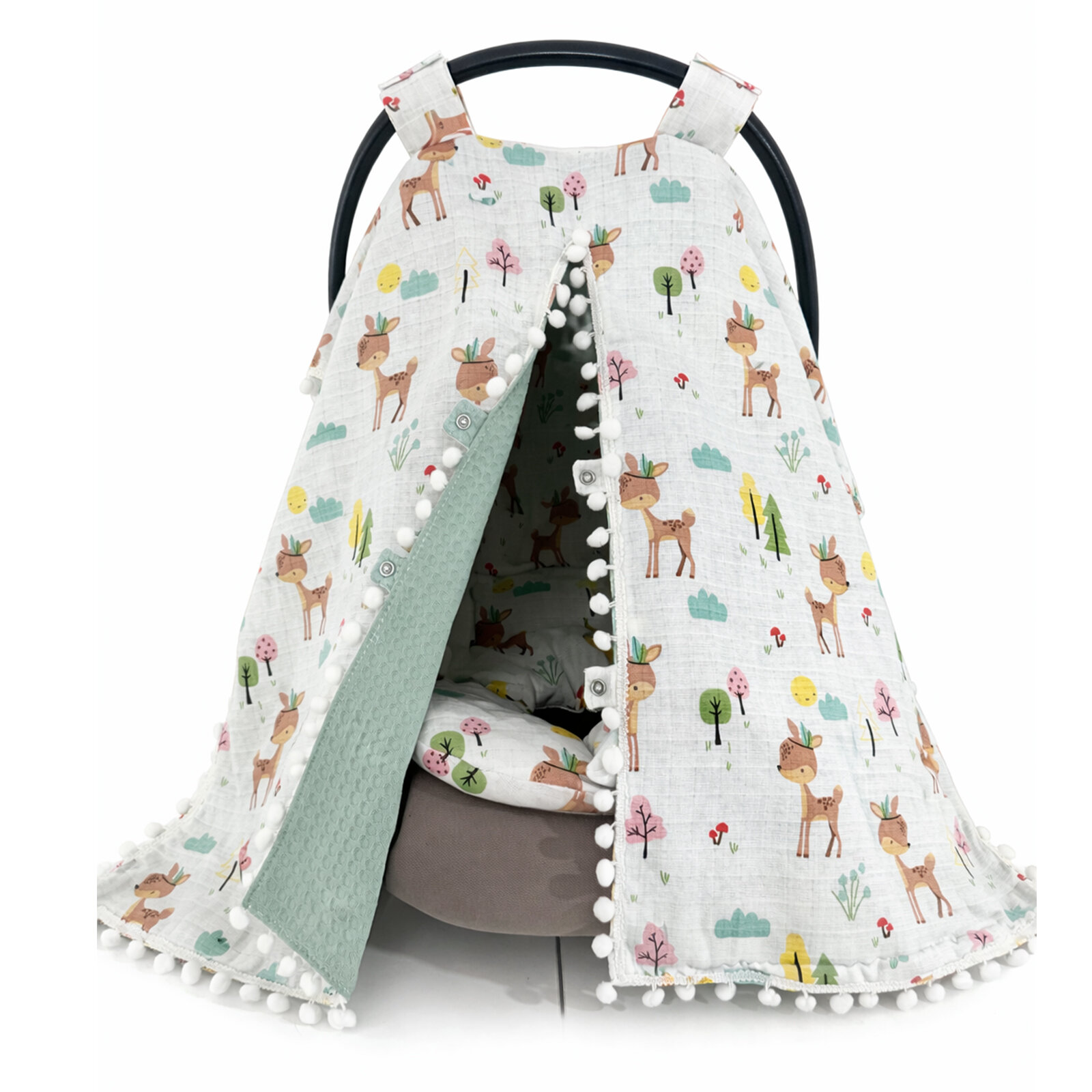 Ceylan Desenli Müslin Puset Örtüsü + Yeşil Waffle Puset Minder Seti (2 Parça)