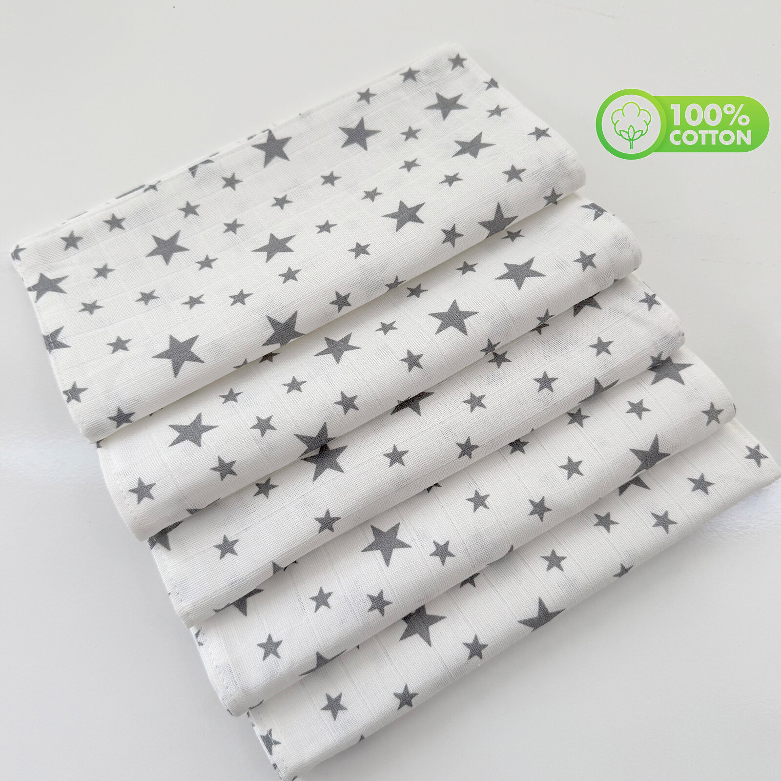5’li Gri Yıldız Müslin Ağız & Sırt Silme Bezi – (%100 Pamuk)