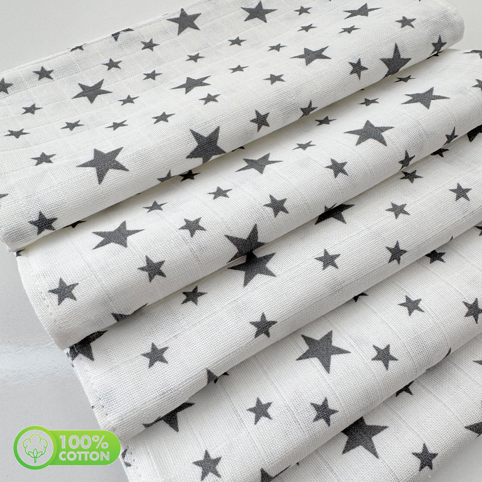 5’li Gri Yıldız Müslin Ağız & Sırt Silme Bezi – (%100 Pamuk)