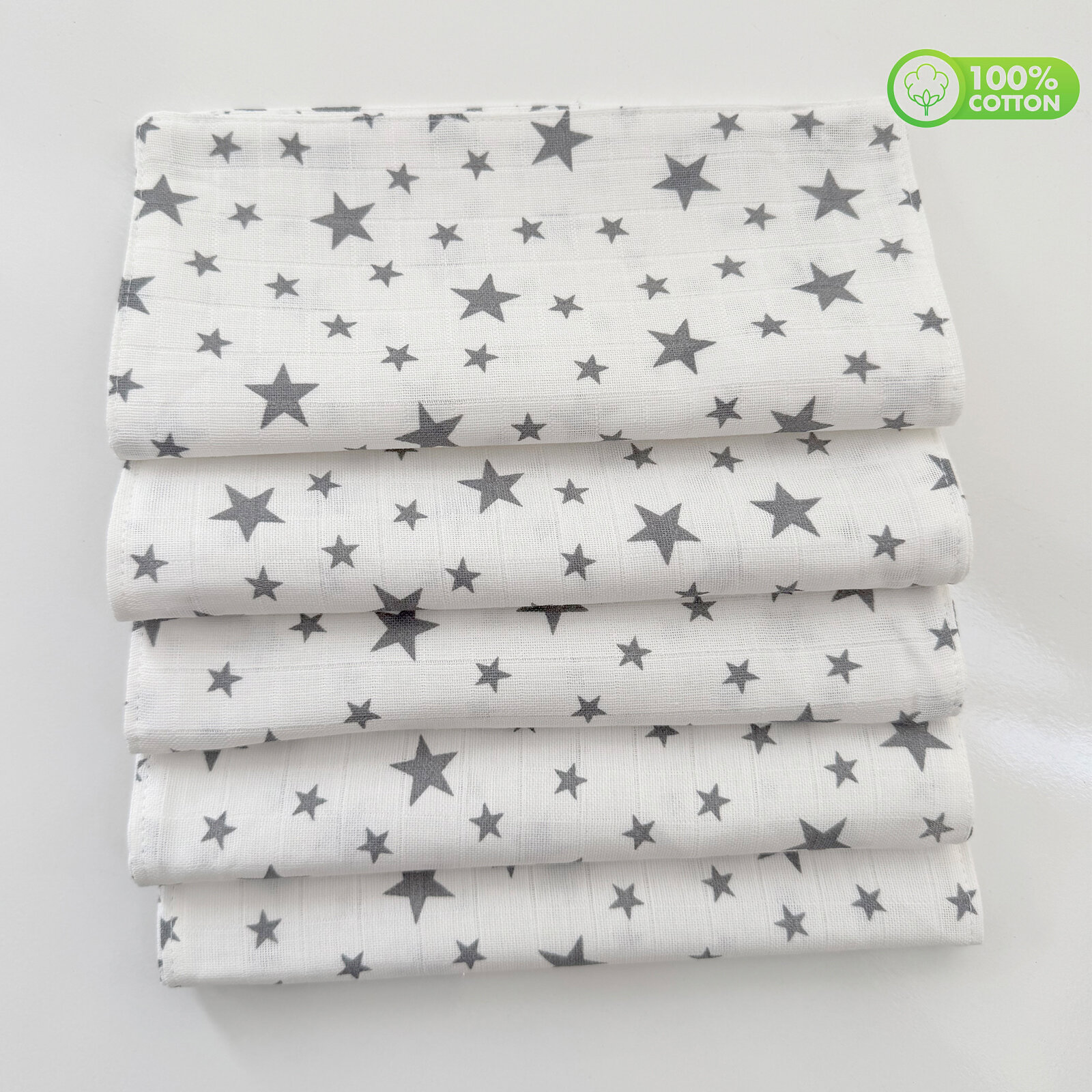 5’li Gri Yıldız Müslin Ağız & Sırt Silme Bezi – (%100 Pamuk)