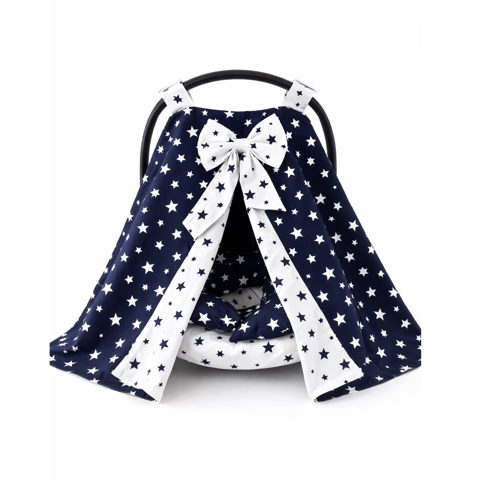 Lacivert Yıldız Desenli Puset Örtüsü + Minder + Çarşaf Seti – Pamuklu Kumaş