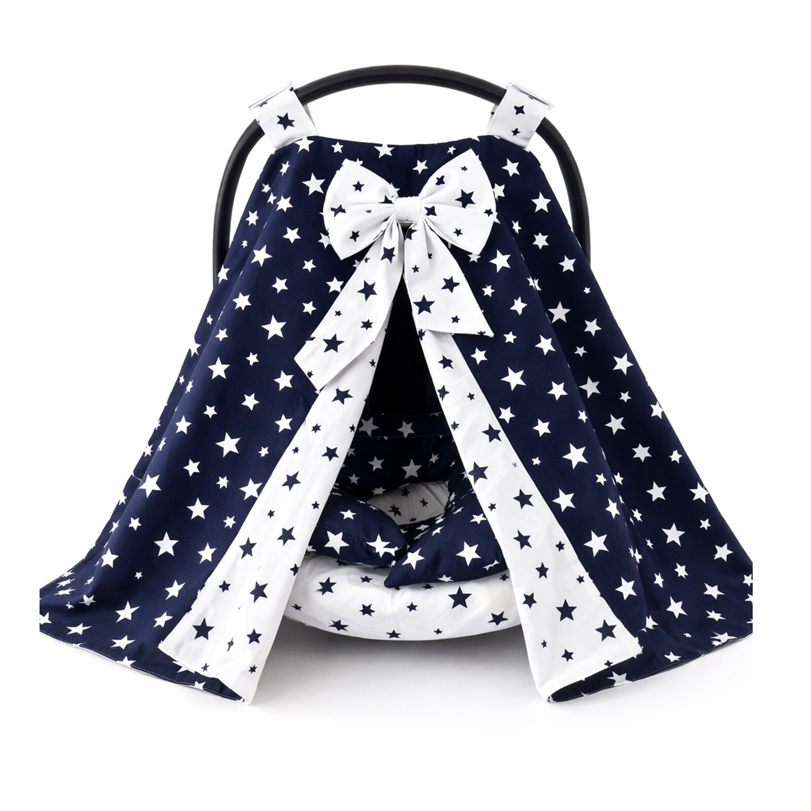 Lacivert Yıldız Desenli Puset Örtüsü + Minder + Çarşaf Seti – Pamuklu Kumaş