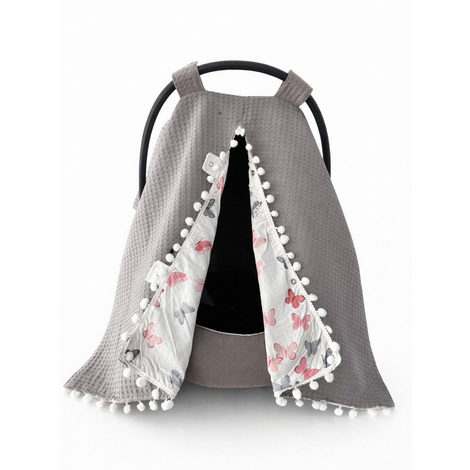 Gri Petek Kumaş – Kelebek Desenli Poplin Tek Parça Puset Örtüsü (Ponpon Detaylı)