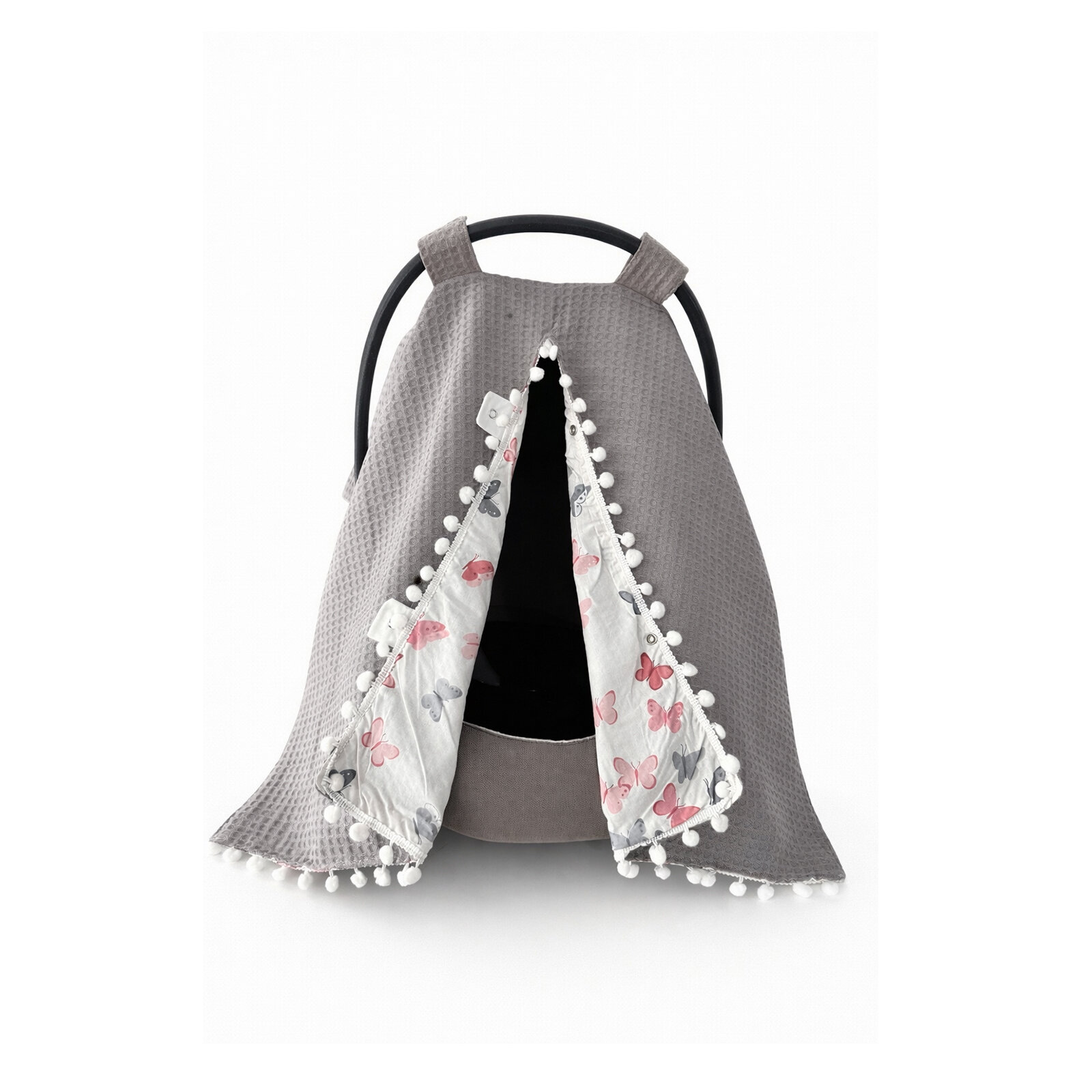 Gri Petek Kumaş – Kelebek Desenli Poplin Tek Parça Puset Örtüsü (Ponpon Detaylı)