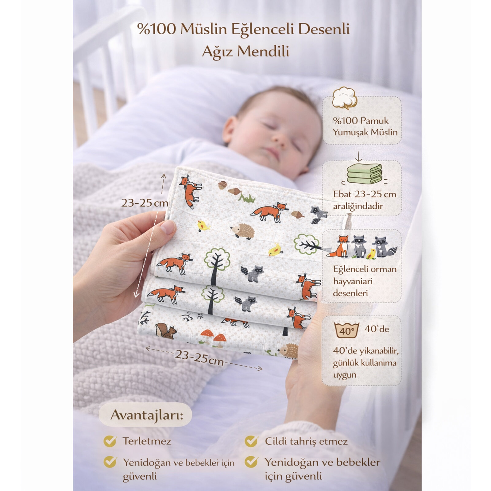 %100 Pamuk 5 Adet Tilki Desenli Müslin Ağız Mendili 23–25 cm | Yumuşak & Nefes Alabilir