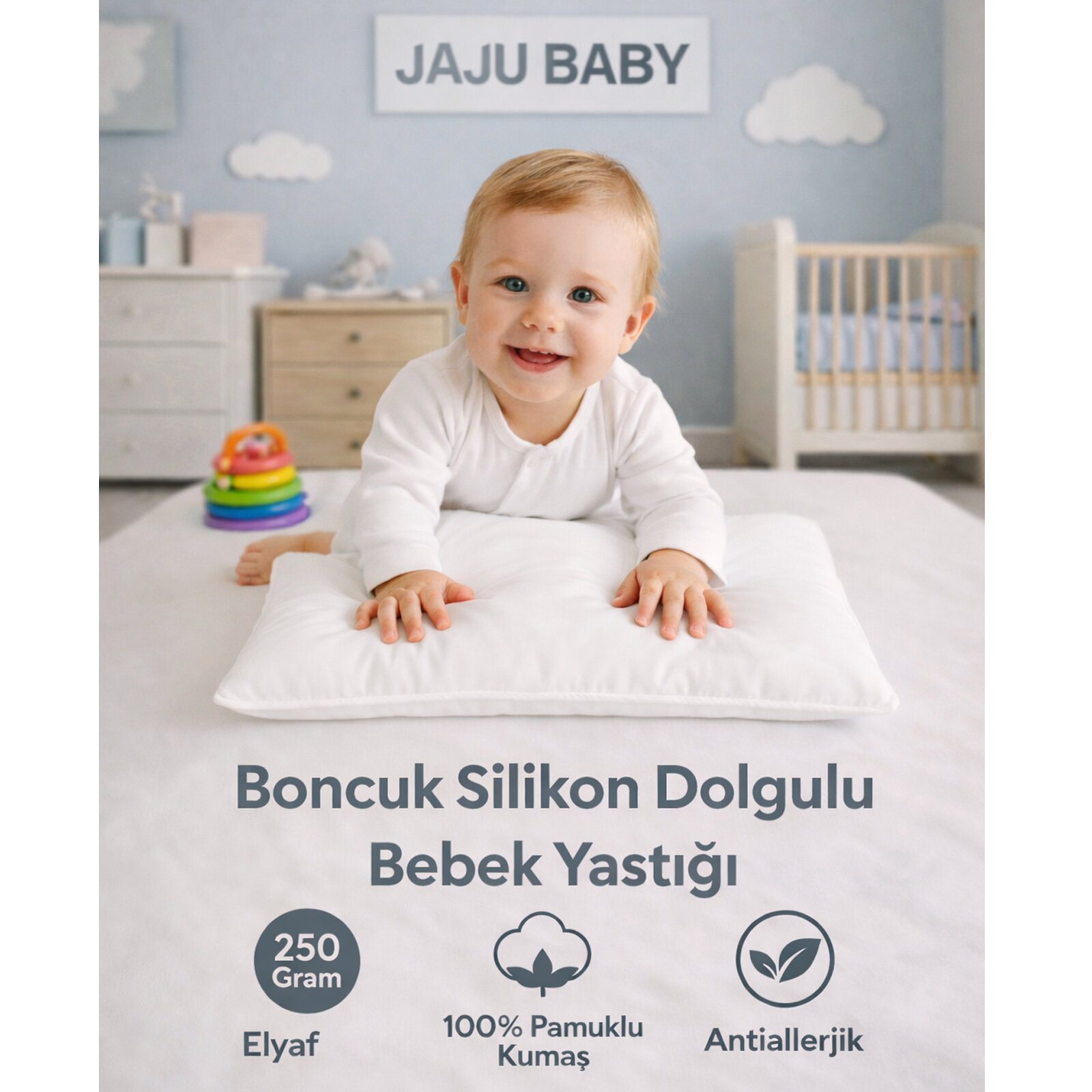Boncuk Silikon Elyaf Dolgulu Bebek Yastığı 35x45 cm – Beyaz Boncuk Silikon Elyaf Dolgulu Bebek Yastığı 35x45 cm – Beyaz
