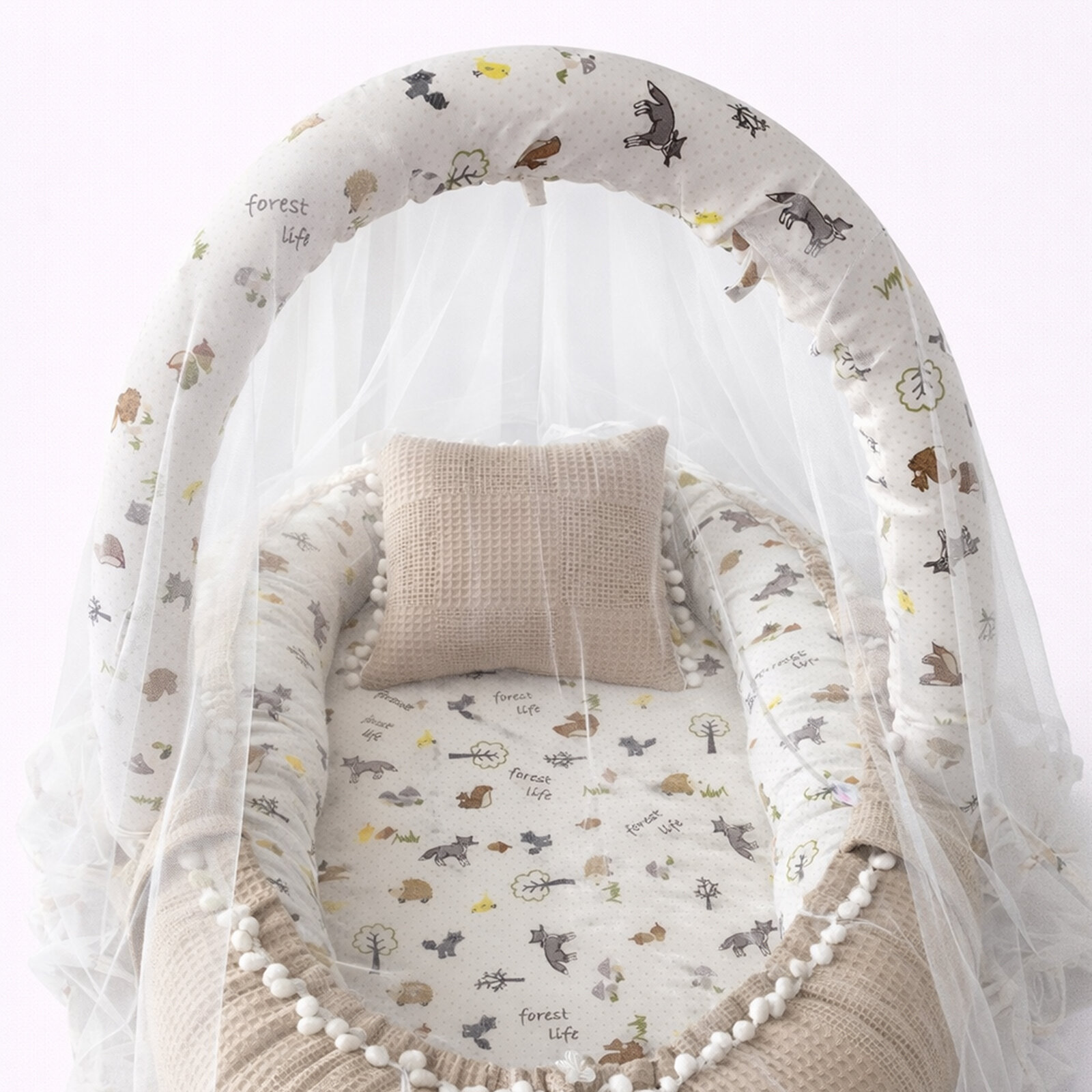 Waffle Pike Kumaş ve Müslin Kumaş Ponponlu Babynest Oyuncak Aparat ve Cibinlik Tüllü Set