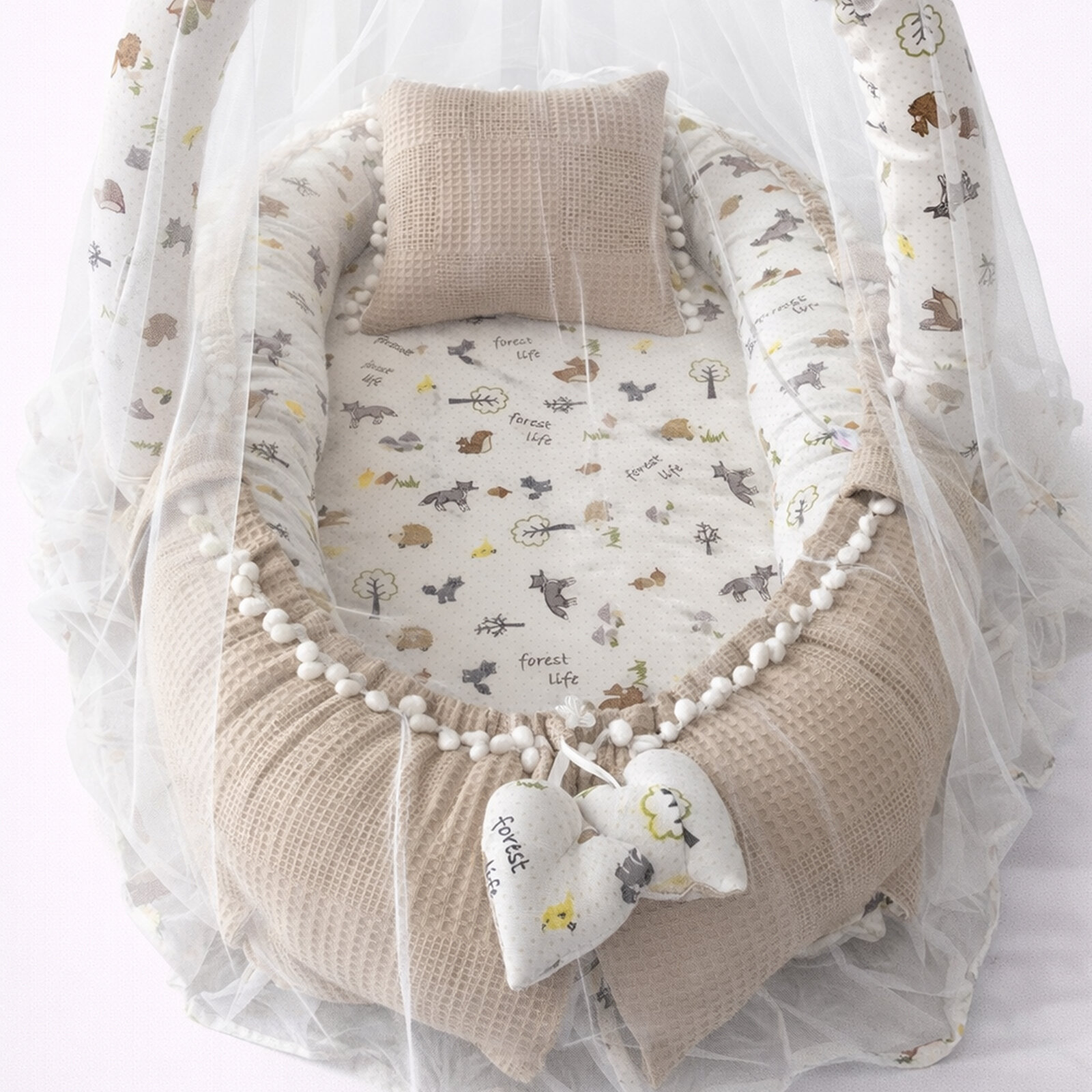 Waffle Pike Kumaş ve Müslin Kumaş Ponponlu Babynest Oyuncak Aparat ve Cibinlik Tüllü Set