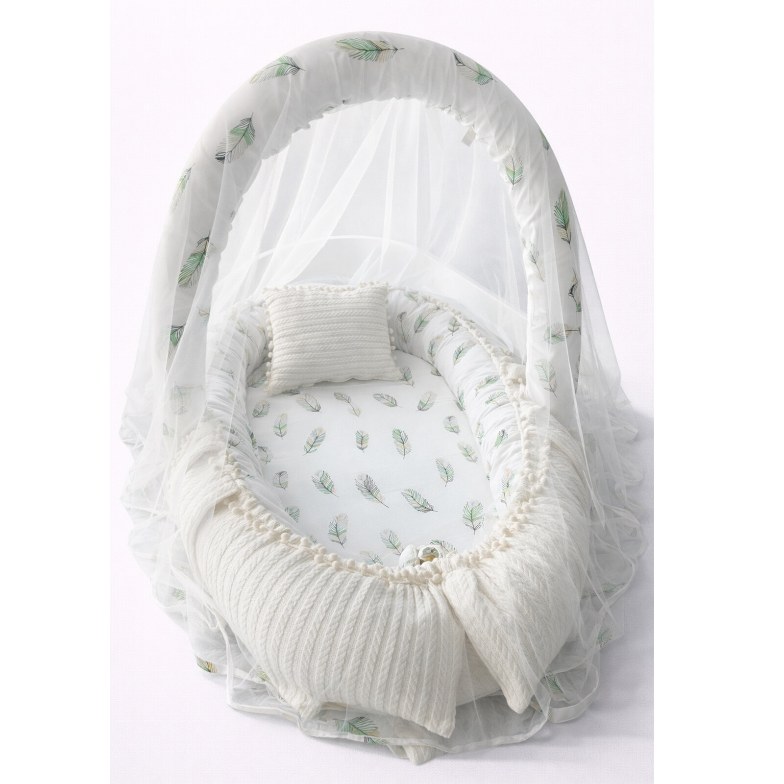 Örgü Kumaş Yeşil Tüy Desenli Cibinlik Tüllü Babynest - Premium Babynest