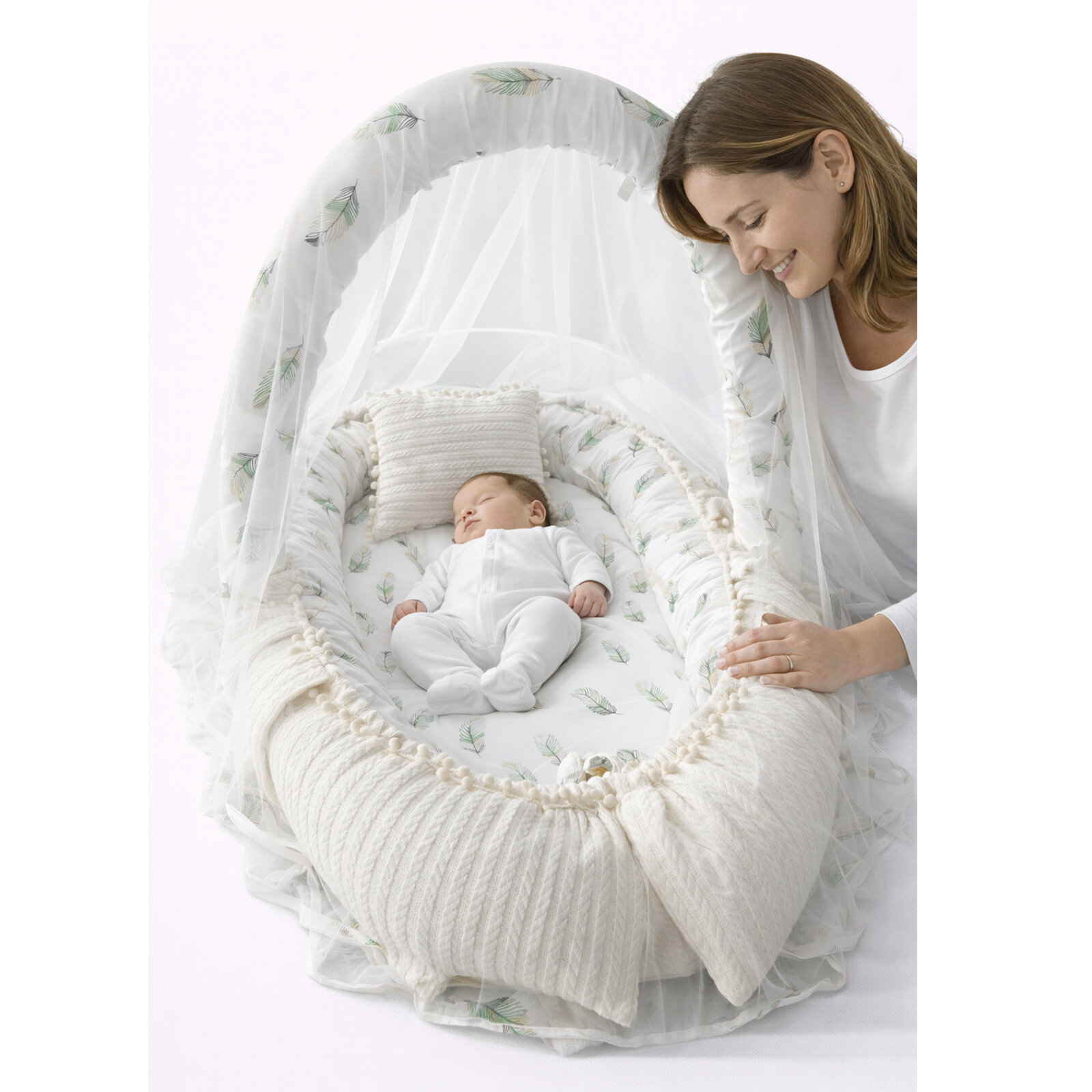 Örgü Kumaş Yeşil Tüy Desenli Cibinlik Tüllü Babynest - Premium Babynest