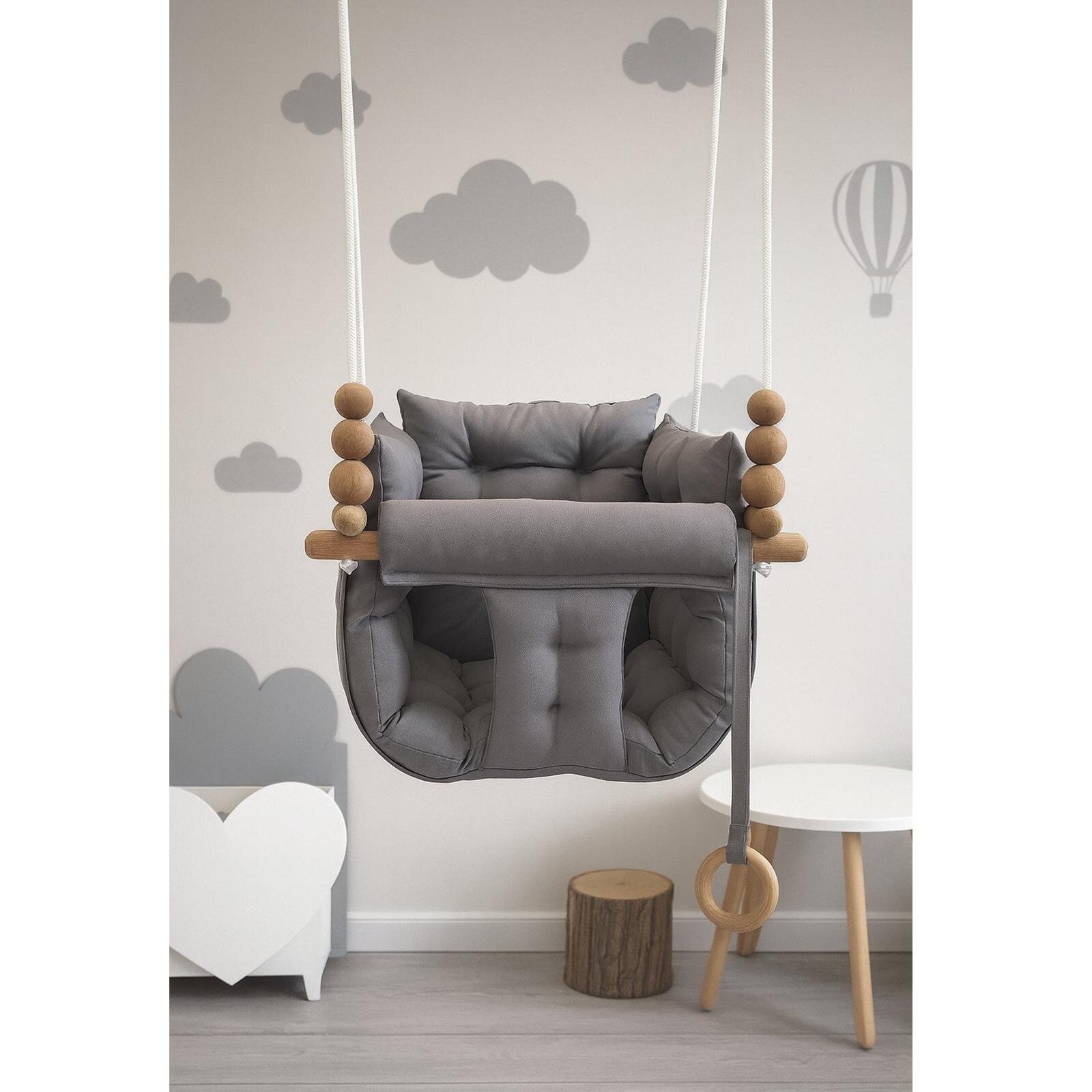 Gri Pofuduk Minderli Ahşap Detaylı Bebek - Çocuk Salıncağı
