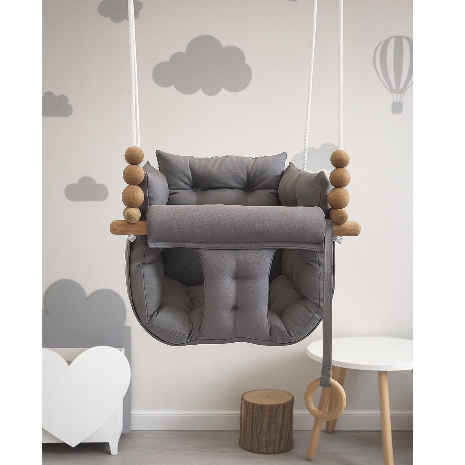 Gri Pofuduk Minderli Ahşap Detaylı Bebek - Çocuk Salıncağı