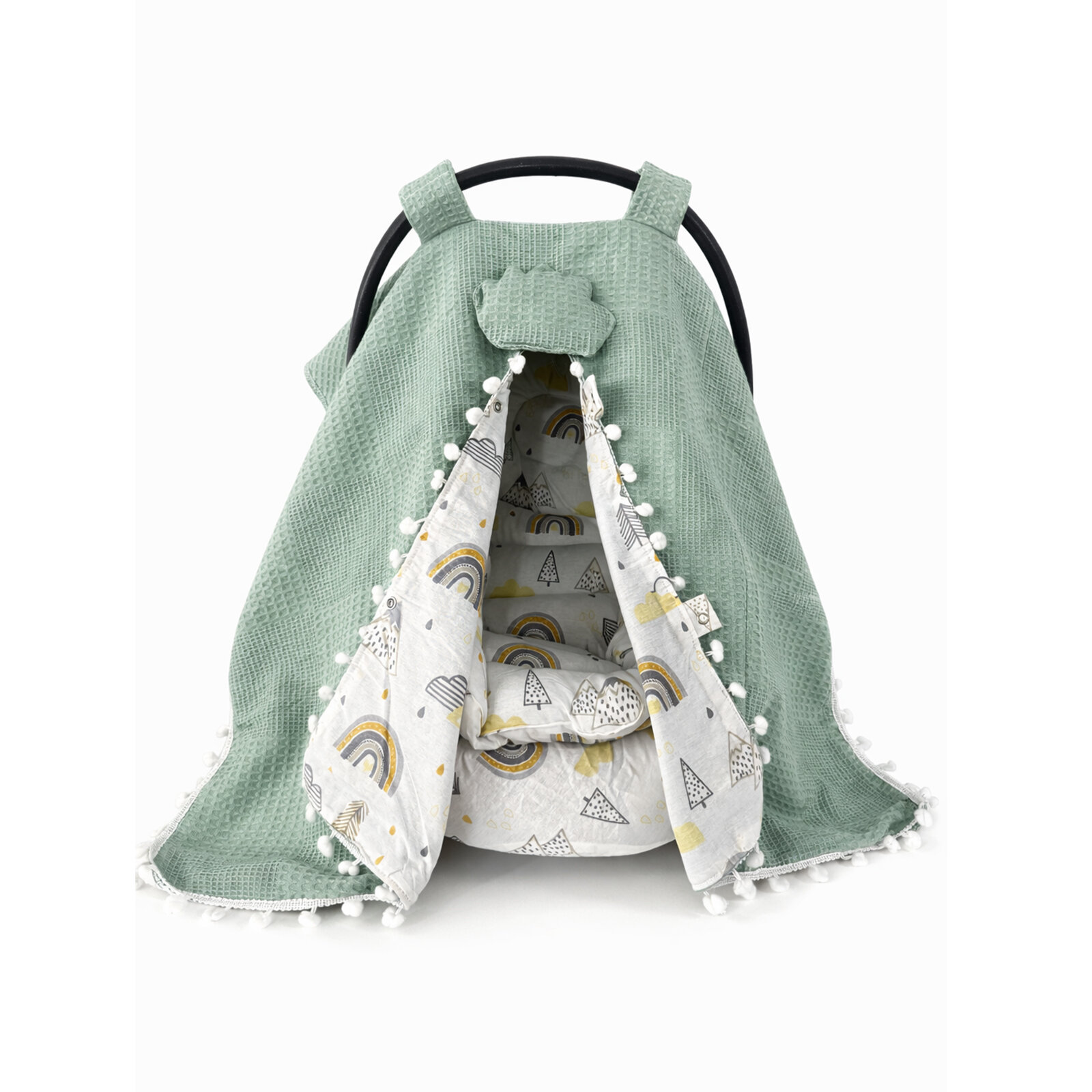 Yeşil Waffle Dağ Desenli Puset Örtüsü, Çarşafı & Minder Takımı – 3’lü Set