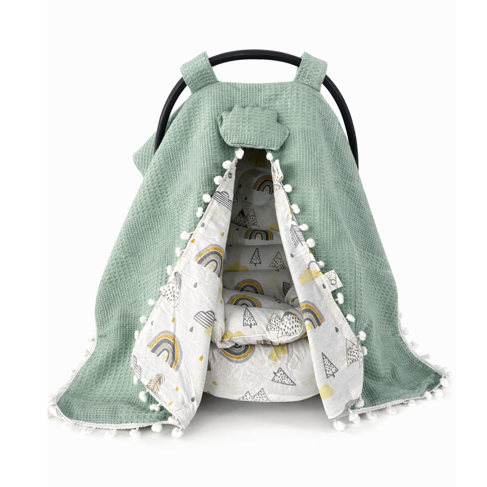 Yeşil Waffle Dağ Desenli Puset Örtüsü, Çarşafı & Minder Takımı – 3’lü Set