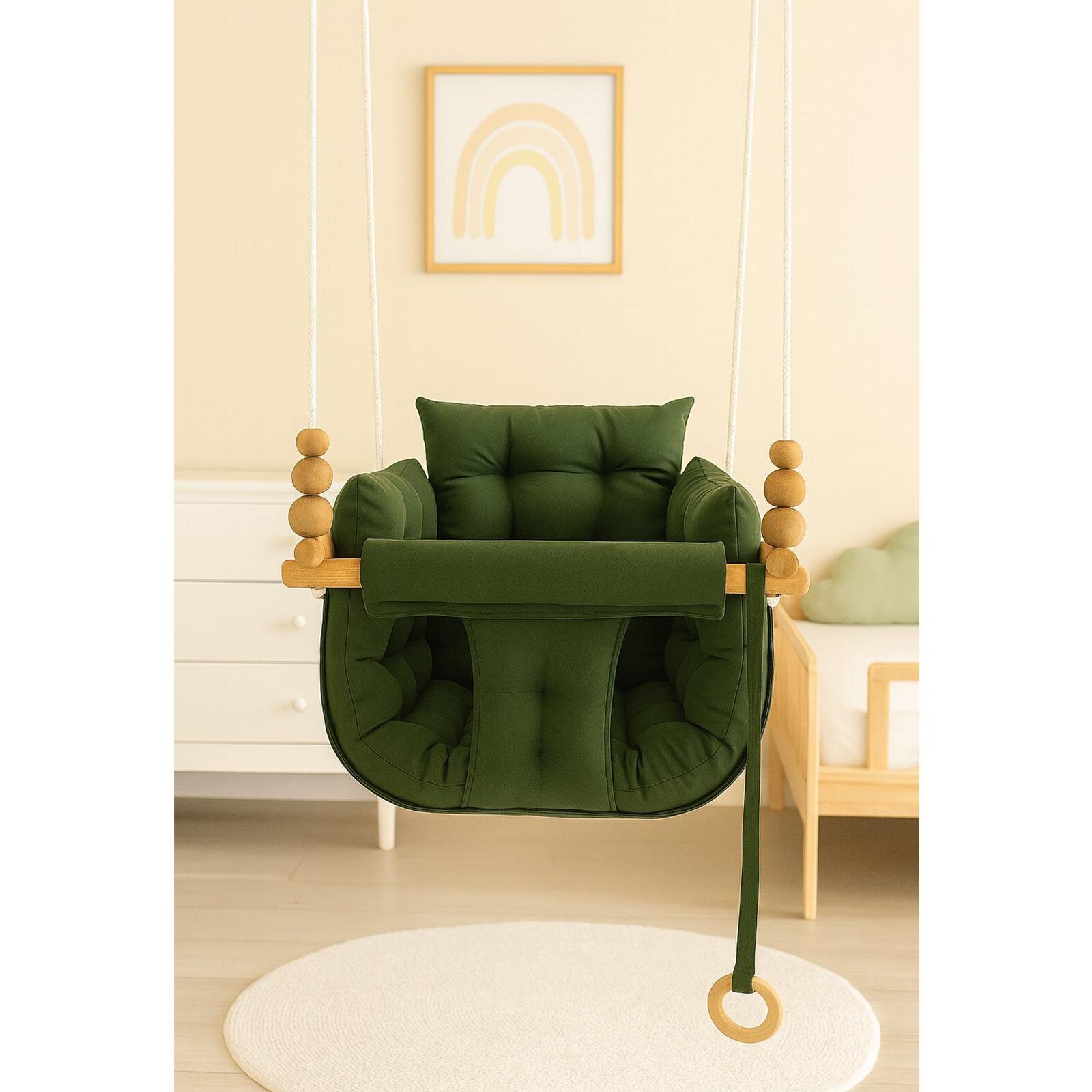 Yeşil Pofuduk Minderli Ahşap Detaylı Bebek - Çocuk Salıncağı