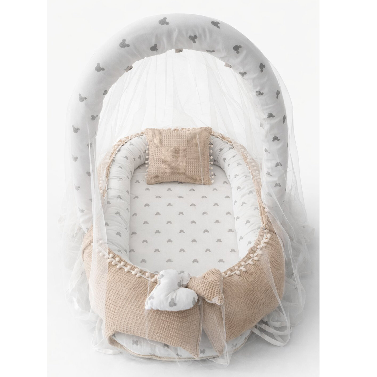 Bej Waffle Pike Gümüş Mickey Tasarım Oyuncak Aparat ve Cibinlik Tüllü Babynest Set