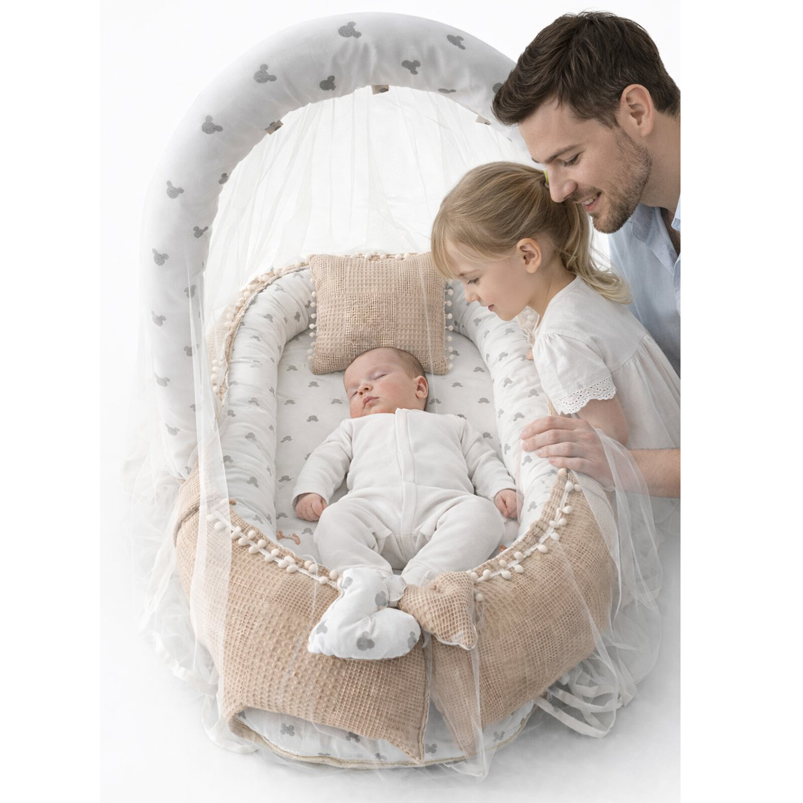 Bej Waffle Pike Gümüş Mickey Tasarım Oyuncak Aparat ve Cibinlik Tüllü Babynest Set