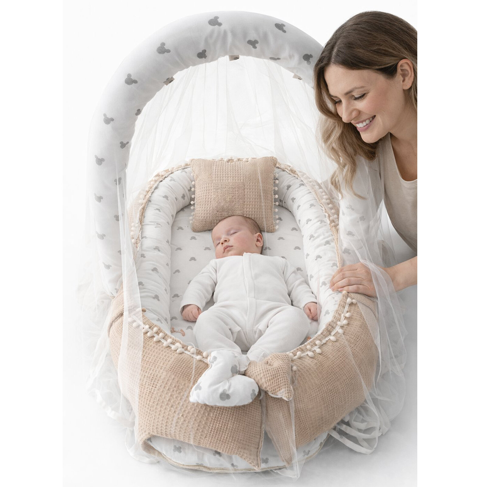 Bej Waffle Pike Gümüş Mickey Tasarım Oyuncak Aparat ve Cibinlik Tüllü Babynest Set