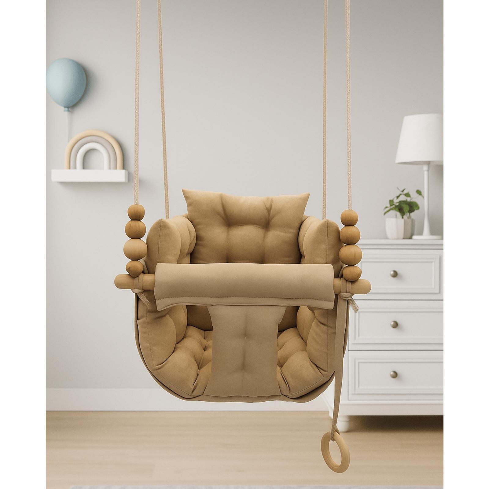 Bej Salıncak Pofuduk Minderli Ahşap Detaylı Bebek - Çocuk Salıncağı