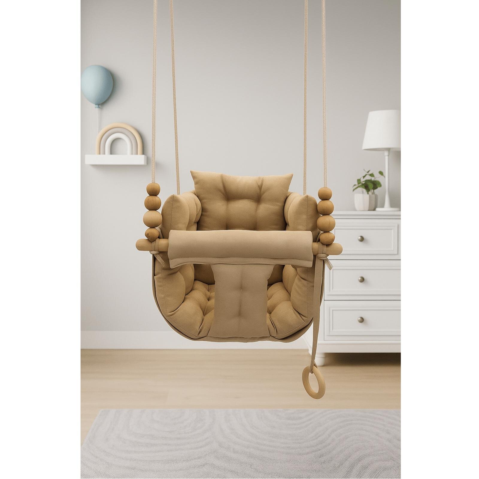 Bej Salıncak Pofuduk Minderli Ahşap Detaylı Bebek - Çocuk Salıncağı