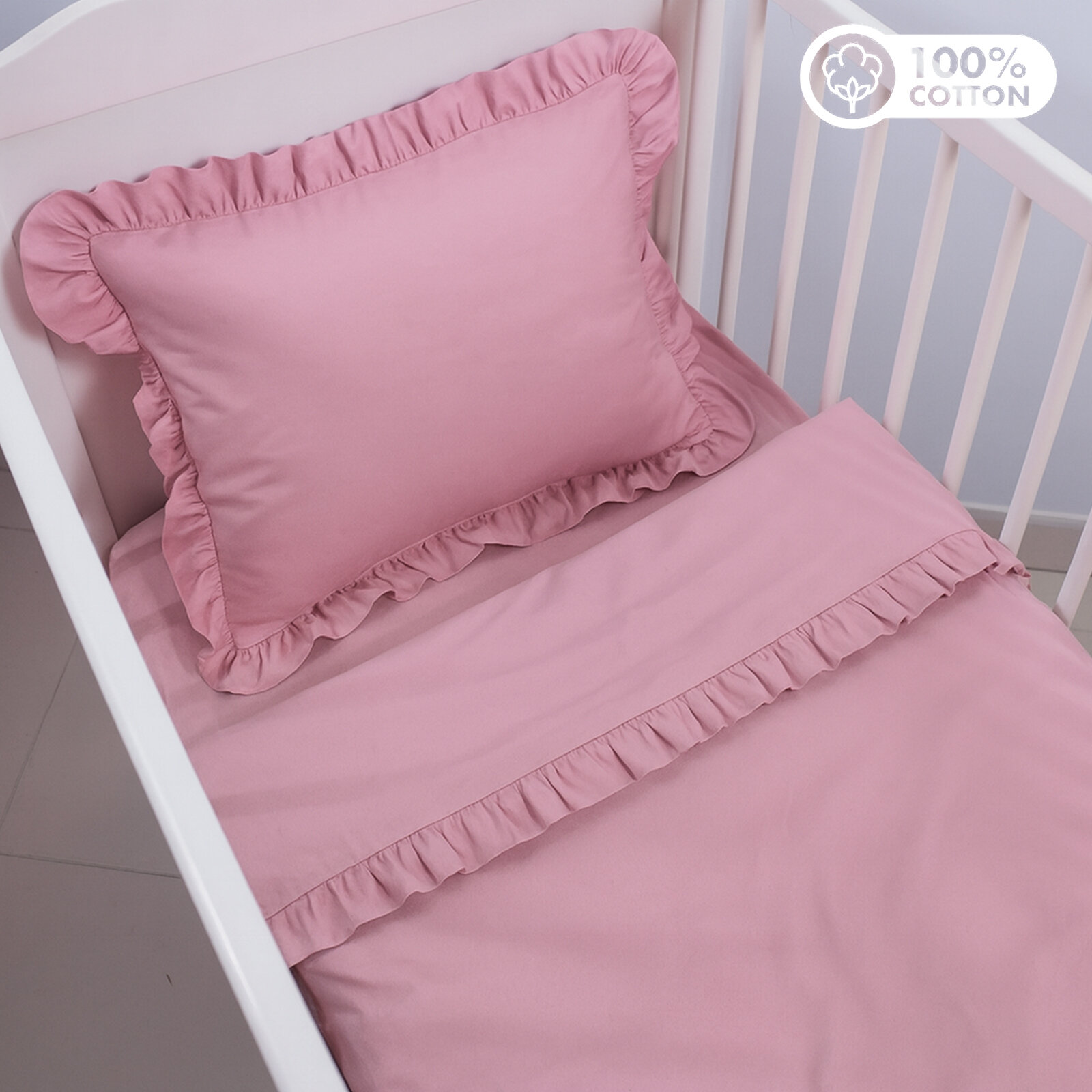 Pudra Pembe Bebek Nevresim Takımı – 60x120 | 70x140 | 80x130 Beşik Uyumlu – Fırfırlı Premium Set