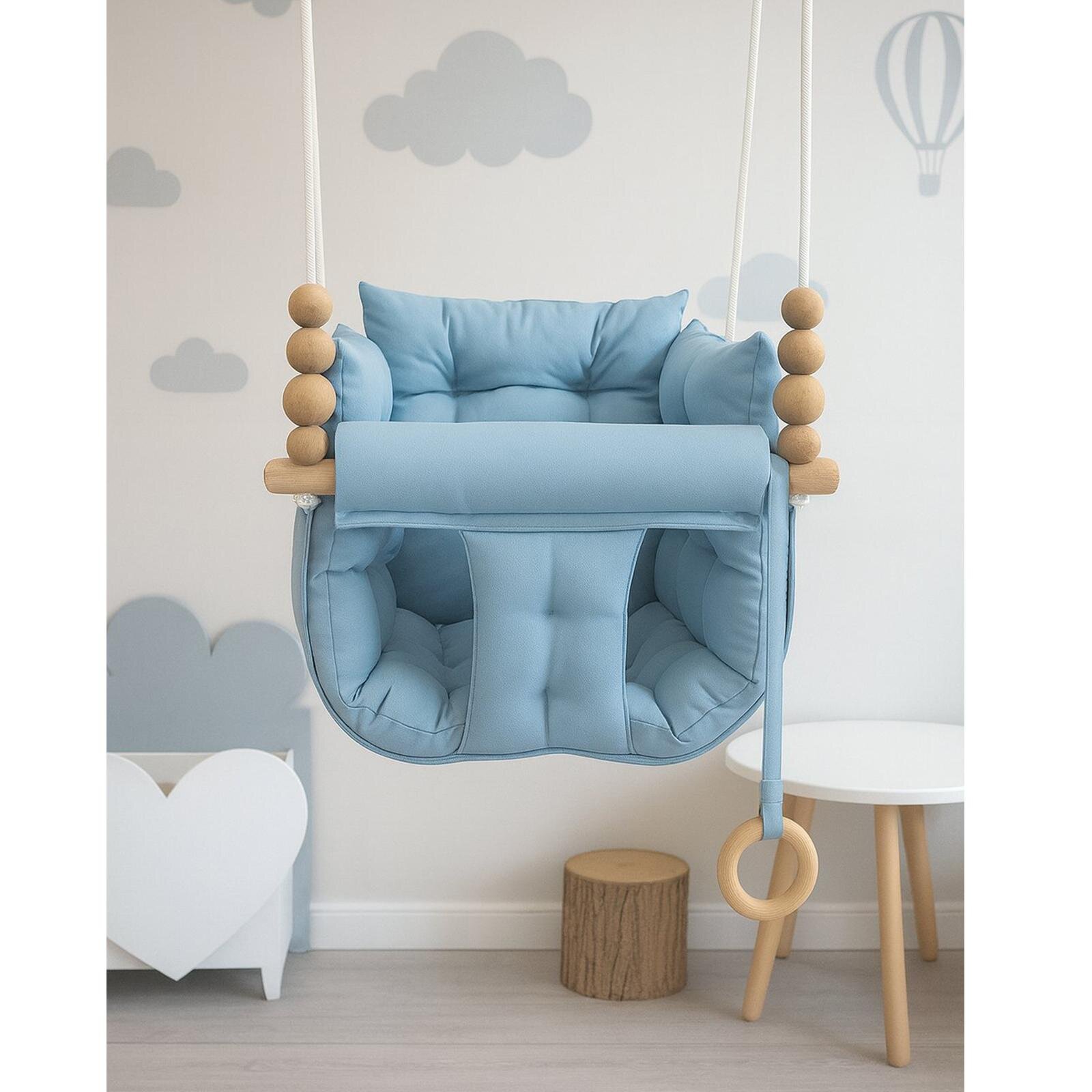 Bebe Mavi Pofuduk Minderli Ahşap Detaylı Bebek Salıncağı