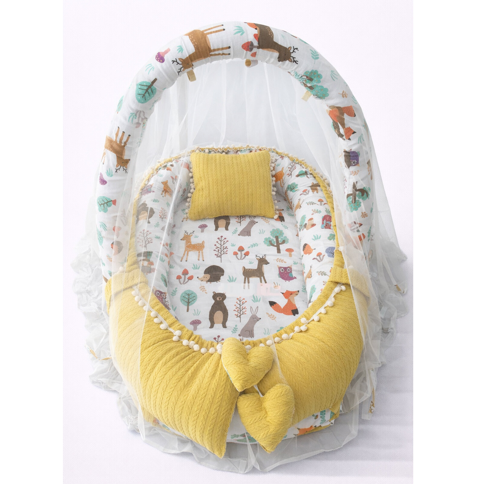 Jaju Baby Hardal Örgü Kumaş ve Orman Ponponlu Babynest Oyuncak Aparat ve Cibinlik Tüllü Set