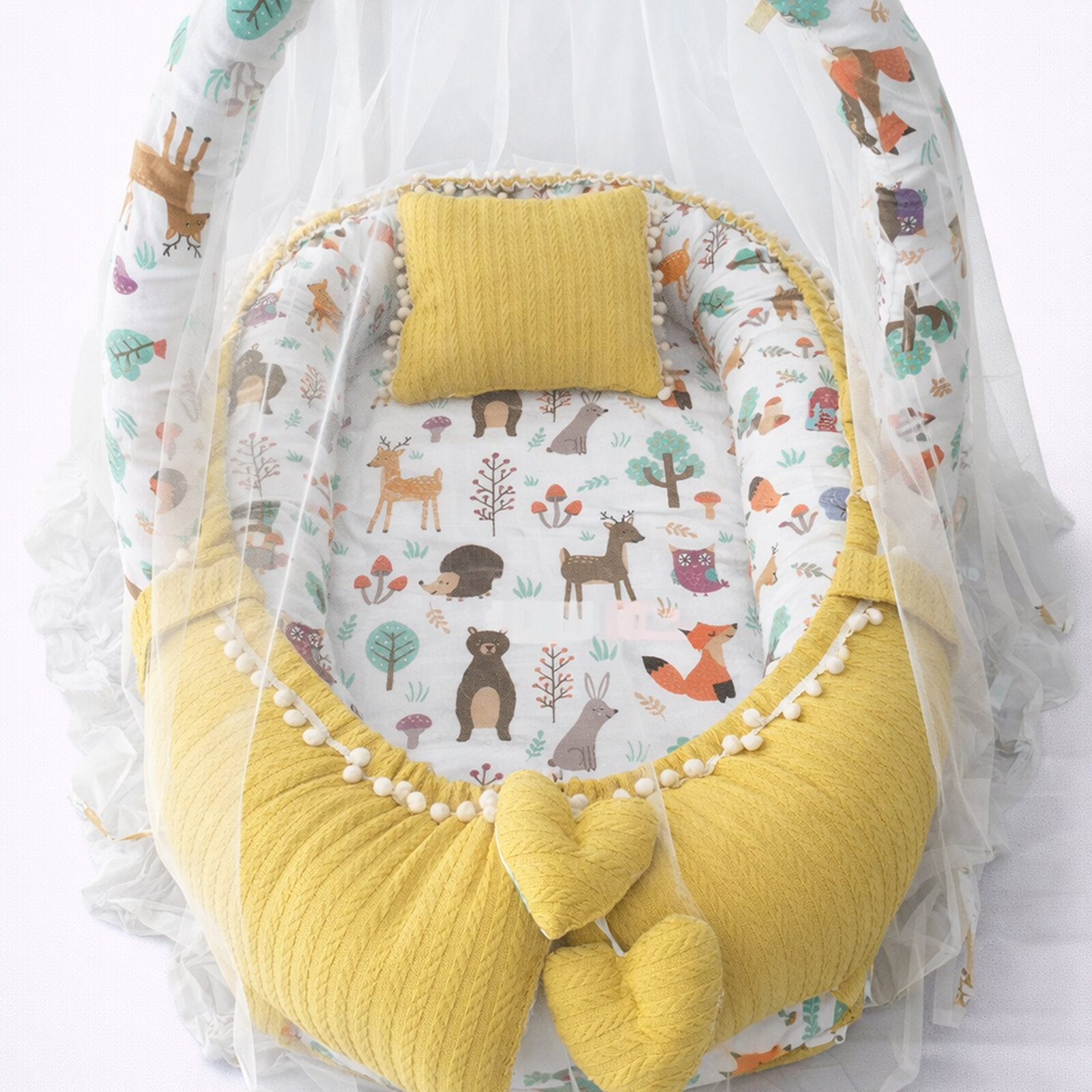 Jaju Baby Hardal Örgü Kumaş ve Orman Ponponlu Babynest Oyuncak Aparat ve Cibinlik Tüllü Set