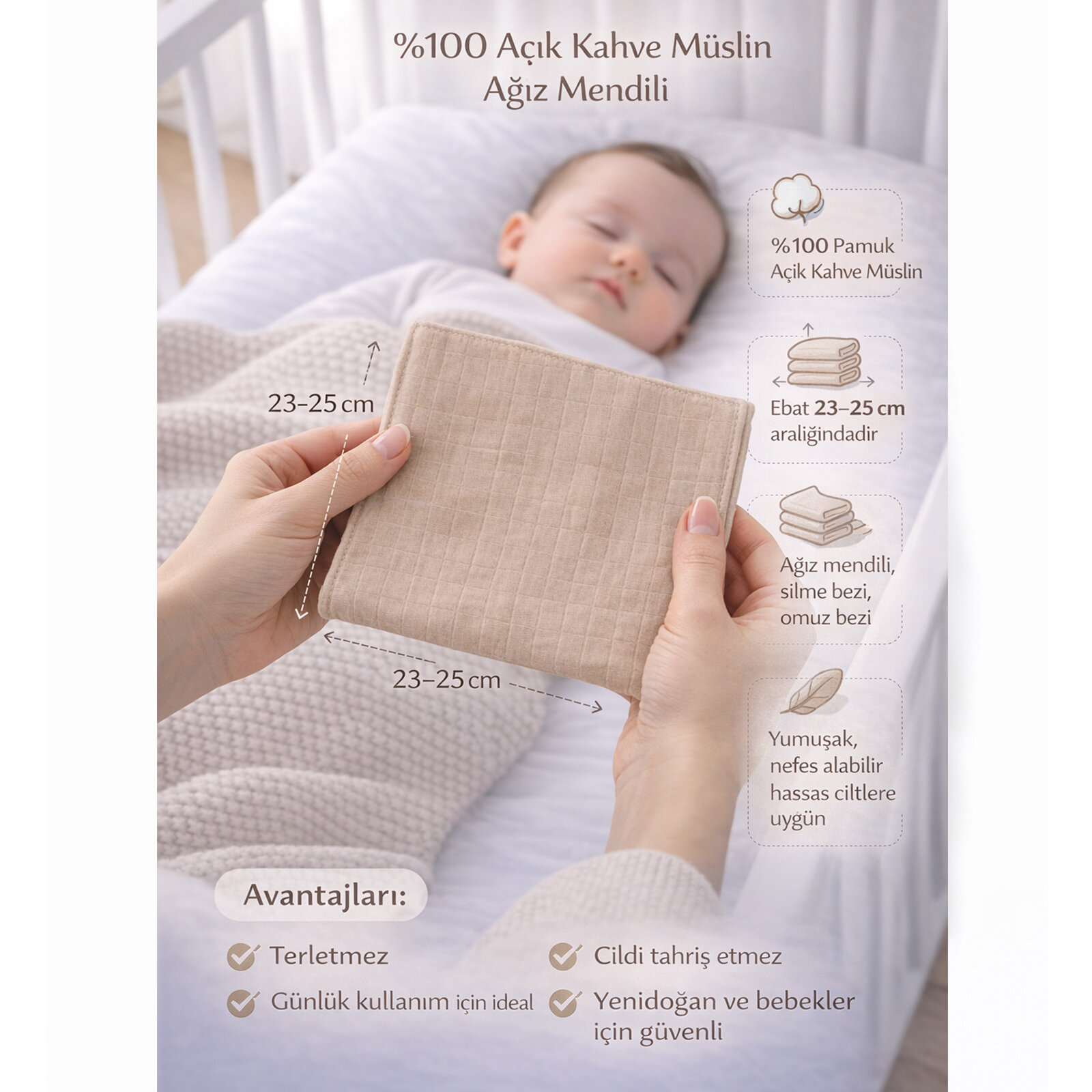 %100 Müslin Kahve Bebek Bezi – 5 Adet Mendil Ağız Silme & Ter Alma Bezi (23–25 cm)