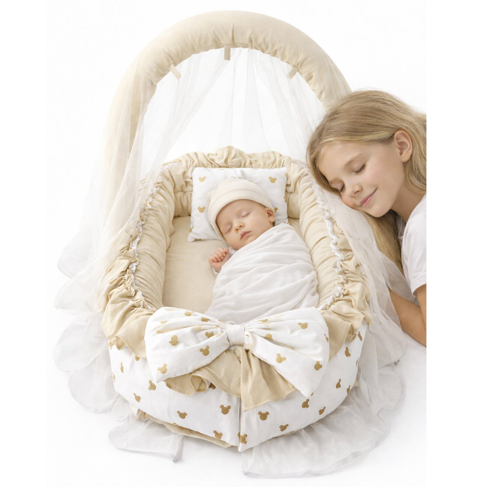 Gold Mickey - Kapiçino Cibinlik Tüllü ve Oyuncak Askılı Lüx Tasarım Fırfırlı Babynest