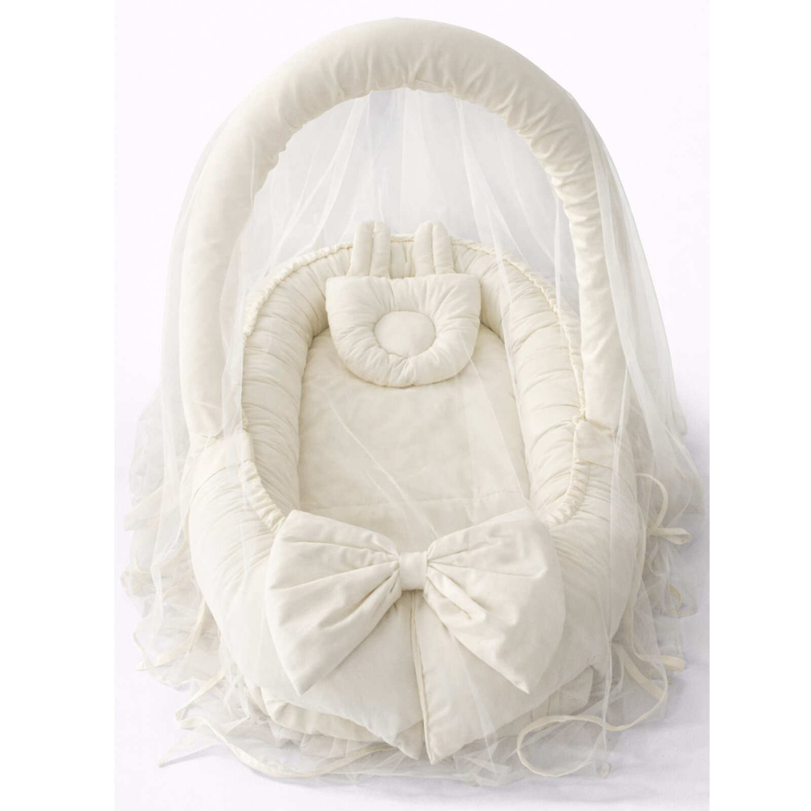 Krem Kulaklı Cibinlik ve Oyuncak Aparatlı Lüx Tasarım Babynest - Premium Babynest