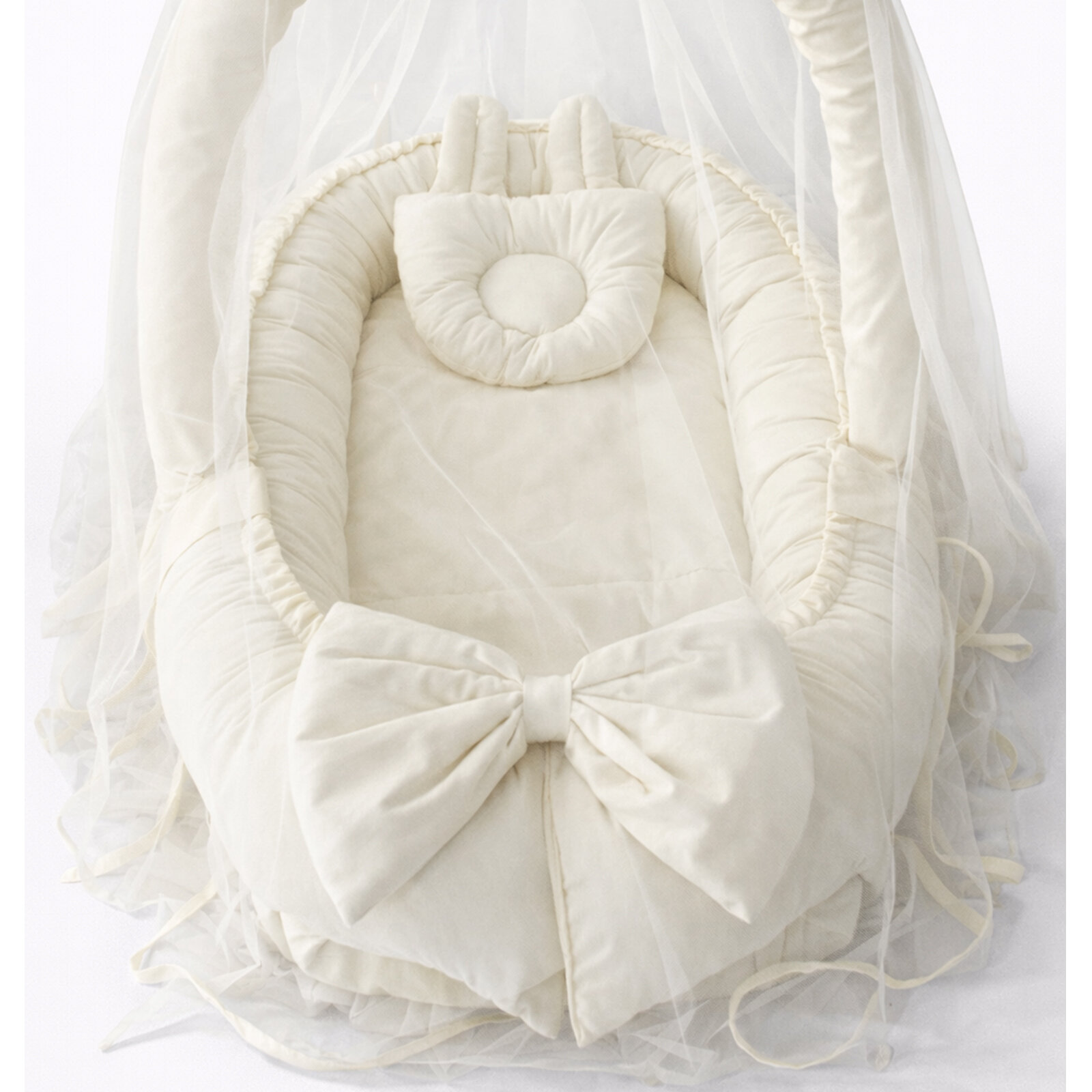 Krem Kulaklı Cibinlik ve Oyuncak Aparatlı Lüx Tasarım Babynest - Premium Babynest