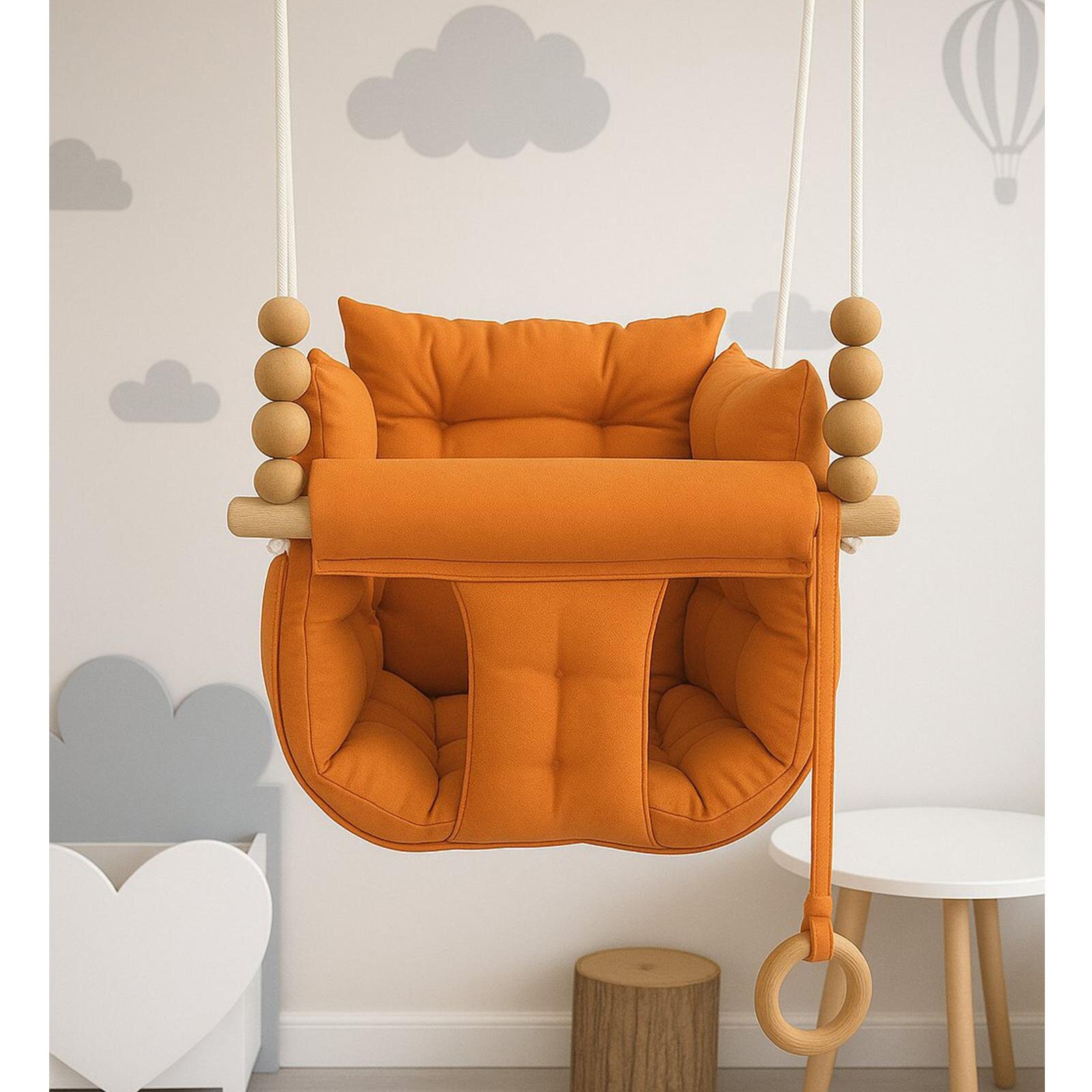 Turuncu Pofuduk Minderli Ahşap Detaylı Bebek Salıncağı