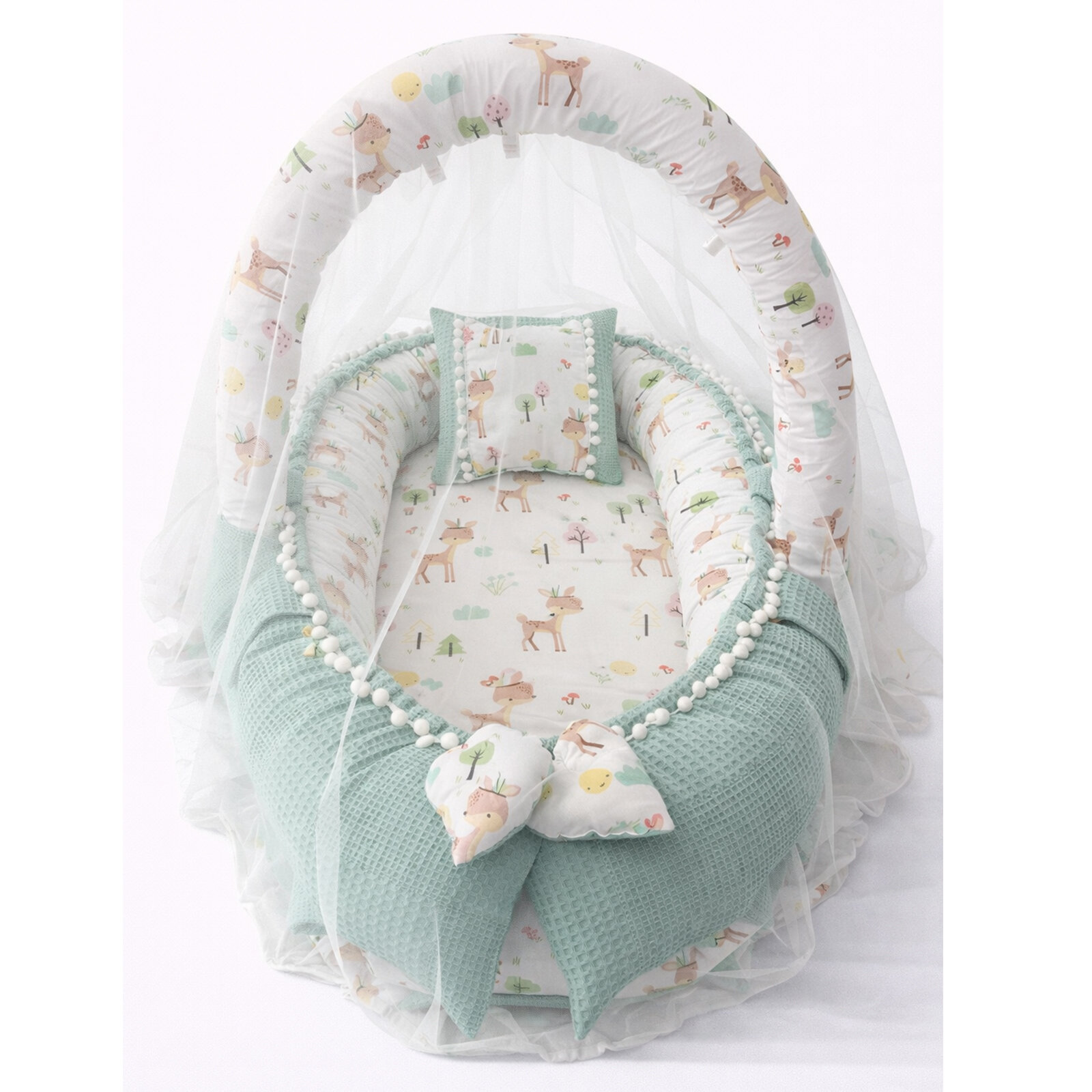 Waffle Yeşil Pike Kumaş ve Poplin Kumaş Ponponlu Babynest Oyuncak Aparat ve Cibinlik Tüllü Set