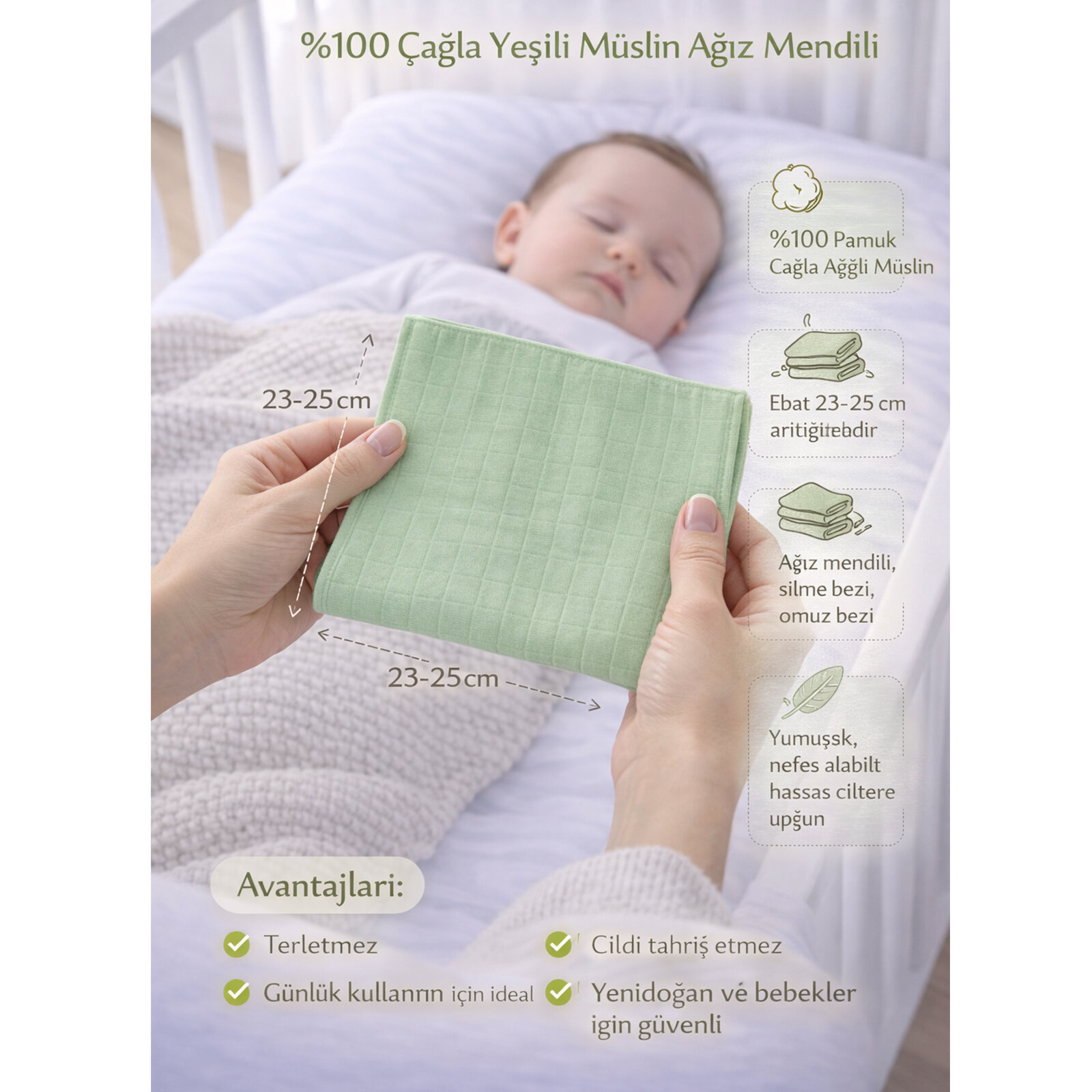 %100 Pamuk Çağla Yeşili Müslin Ağız Mendili - Sırt Mendili 23–25 cm | Yumuşak, Nefes Alabilir & Çok Amaçlı