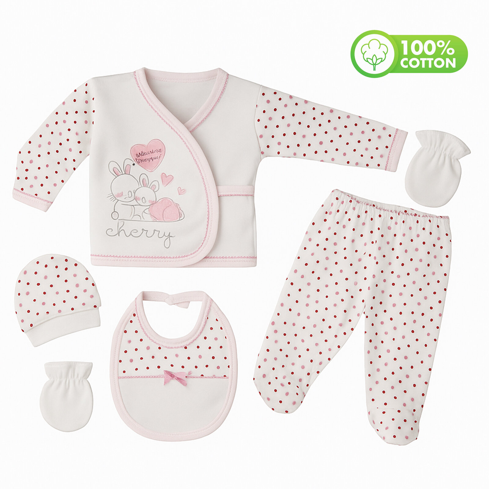5'li Yenidoğan Bebek Zıbın Seti – %100 Pamuk | Şapka, Eldiven, Önlük Dahil 5'li Yenidoğan Bebek Zıbın Seti – %100 Pamuk | Şapka, Eldiven, Önlük Dahil