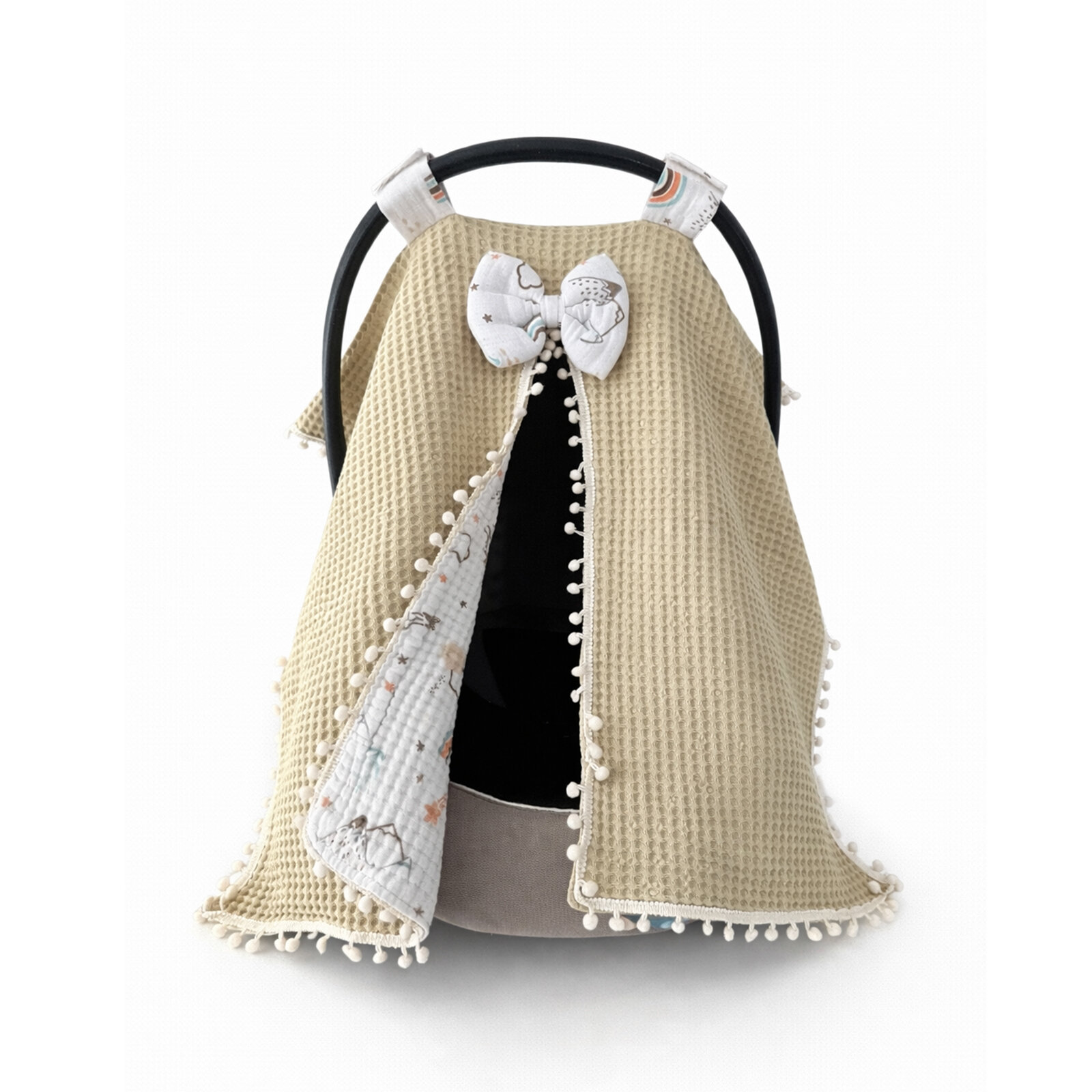 Bej Petek Kumaş – Dağ Desenli Müslin Tek Parça Puset Örtüsü (Ponpon Detaylı)