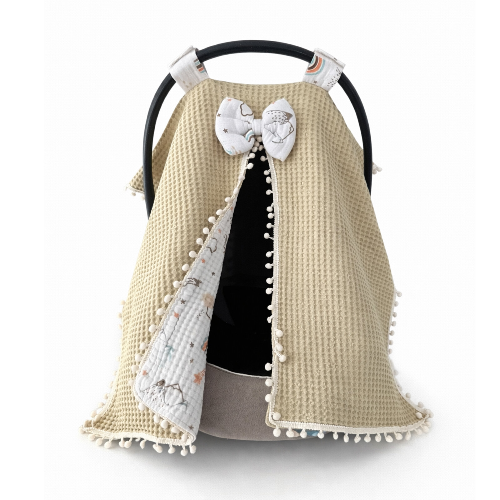 Bej Petek Kumaş – Dağ Desenli Müslin Tek Parça Puset Örtüsü (Ponpon Detaylı)