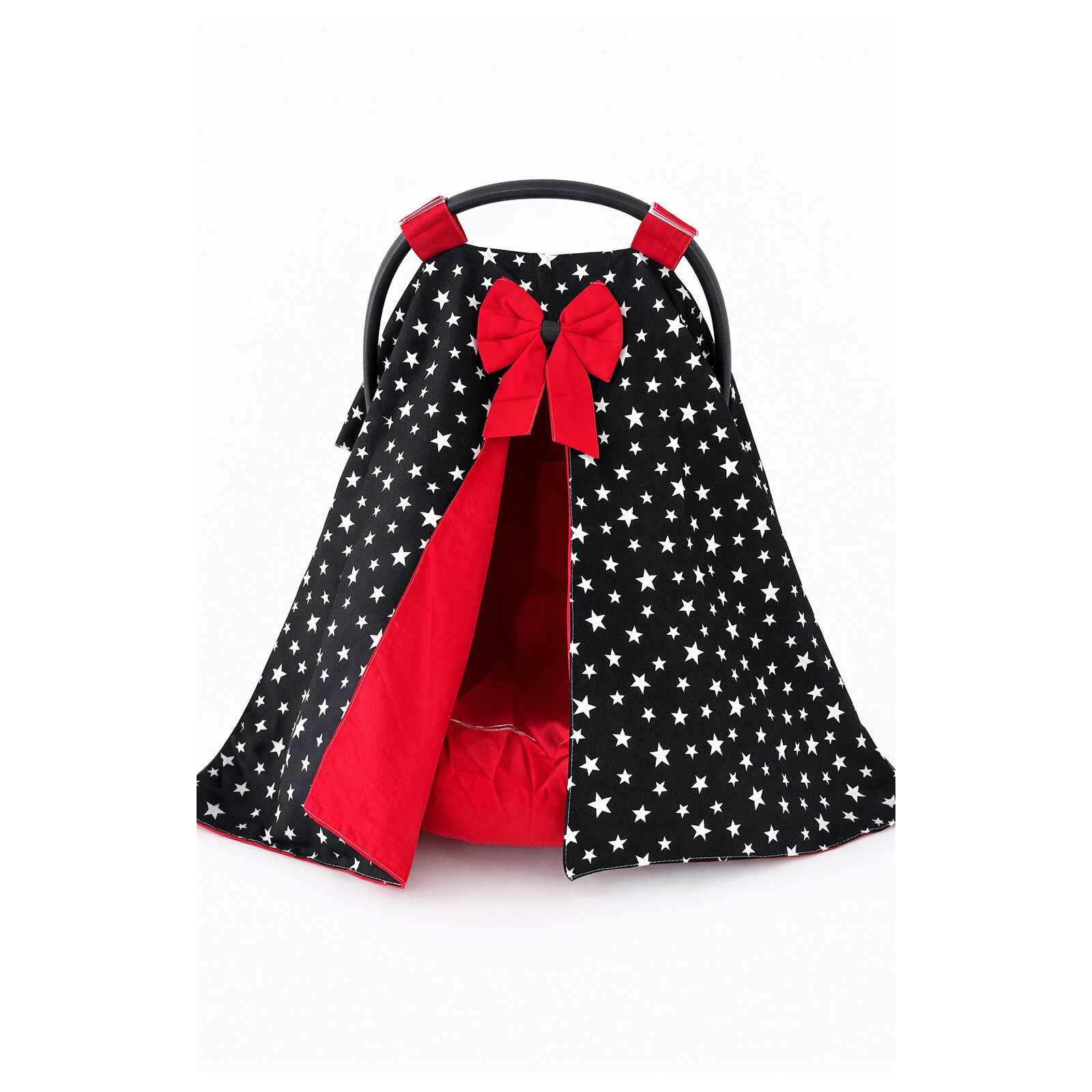 Siyah Yıldız Desenli Kırmızı Detaylı Puset Örtüsü ve Puset Çarşafı Seti – Pamuklu Kumaş