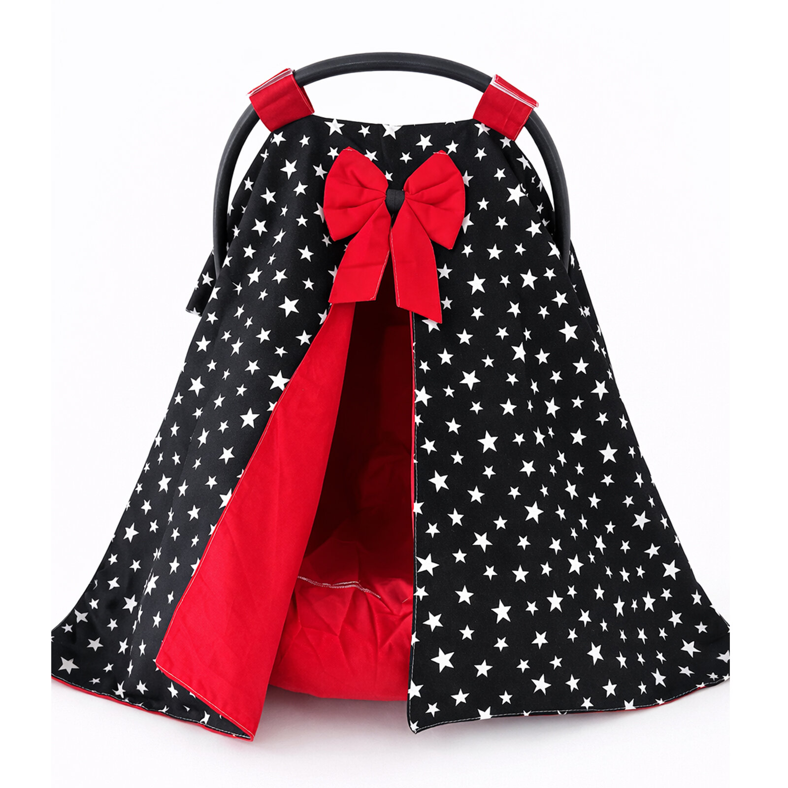 Siyah Yıldız Desenli Kırmızı Detaylı Puset Örtüsü ve Puset Çarşafı Seti – Pamuklu Kumaş