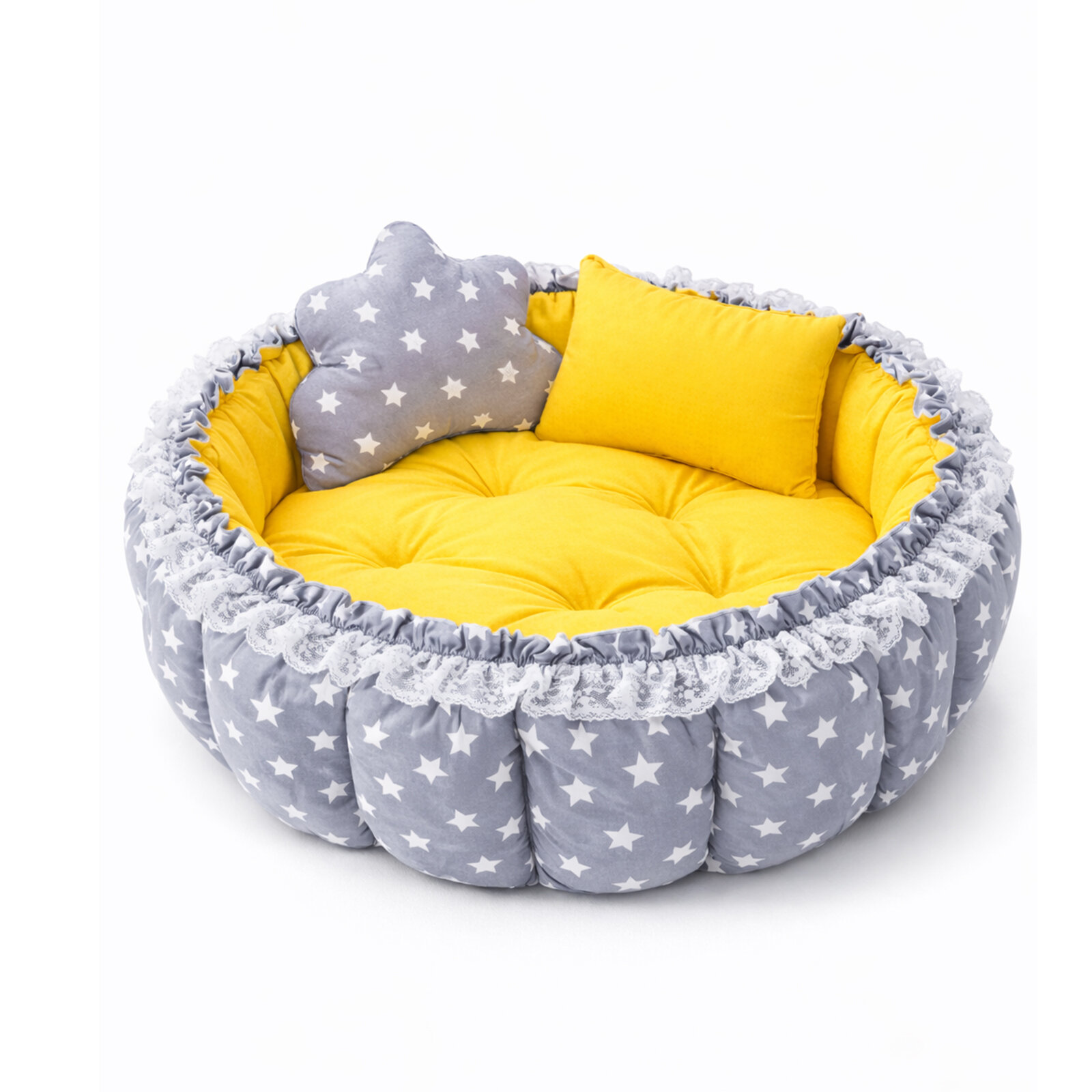 Gri Yıldızlı Sarı İçli Açılır Oyun Minderi & Bebek Yuvası (80–120 cm) Babynest