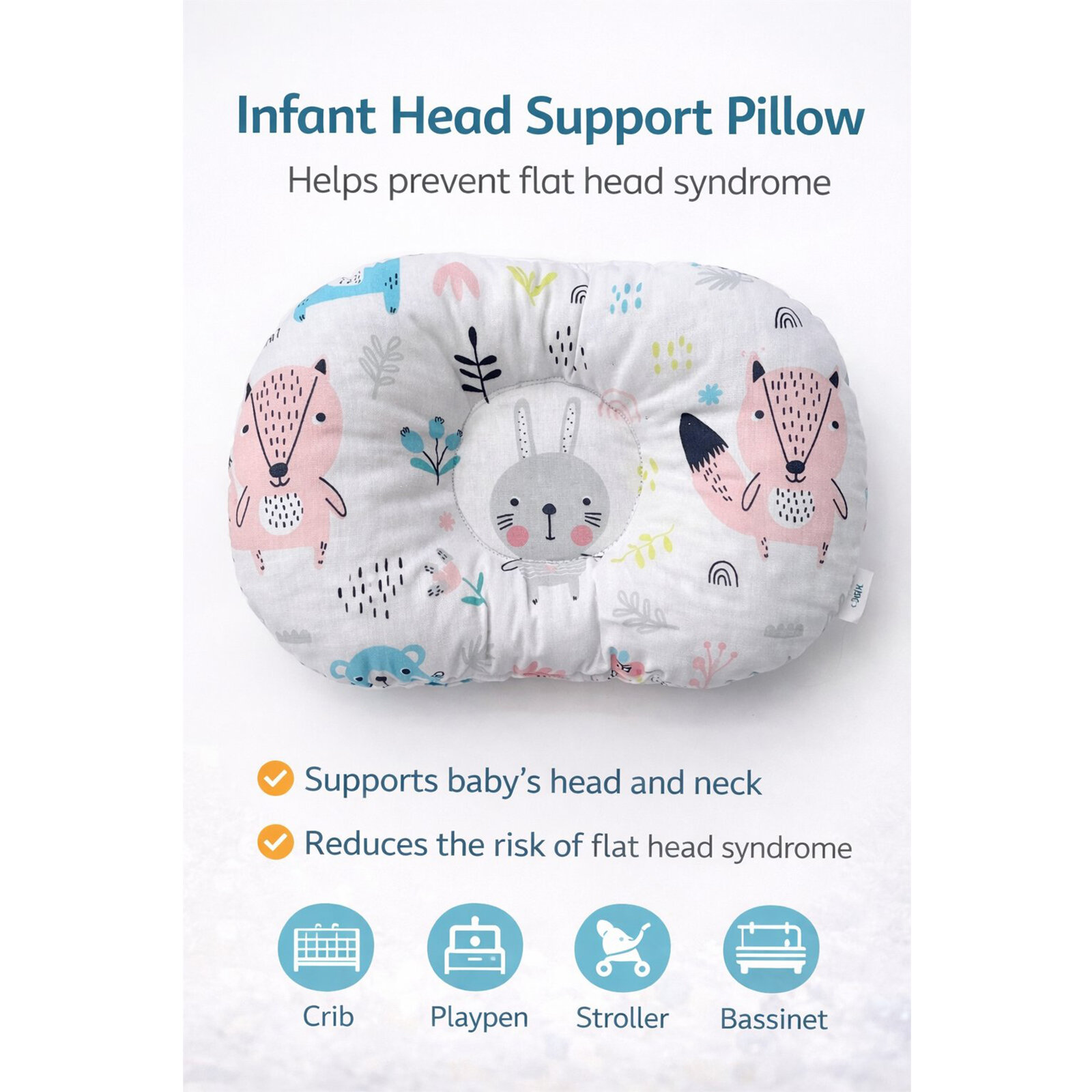 0–12 Ay Gri Tavşan Desenli Düzleşme Önleyici Bebek Kafa Yastığı