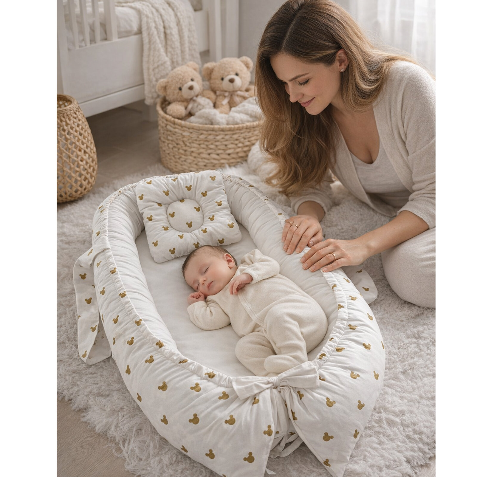 Gold Mickey Desenli Beyaz Babynest | Fiyonk Detaylı, Yumuşak Kenarlı, 0–24 Ay Bebek Yatağı