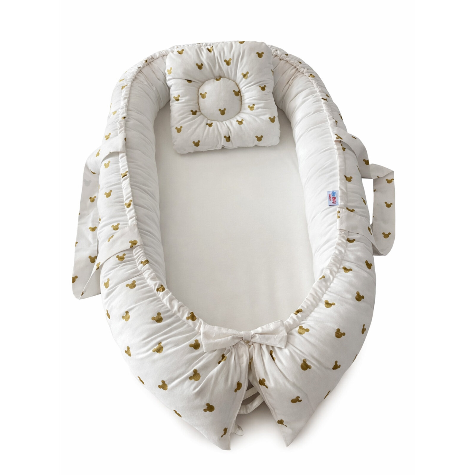 Gold Mickey Desenli Beyaz Babynest | Fiyonk Detaylı, Yumuşak Kenarlı, 0–24 Ay Bebek Yatağı