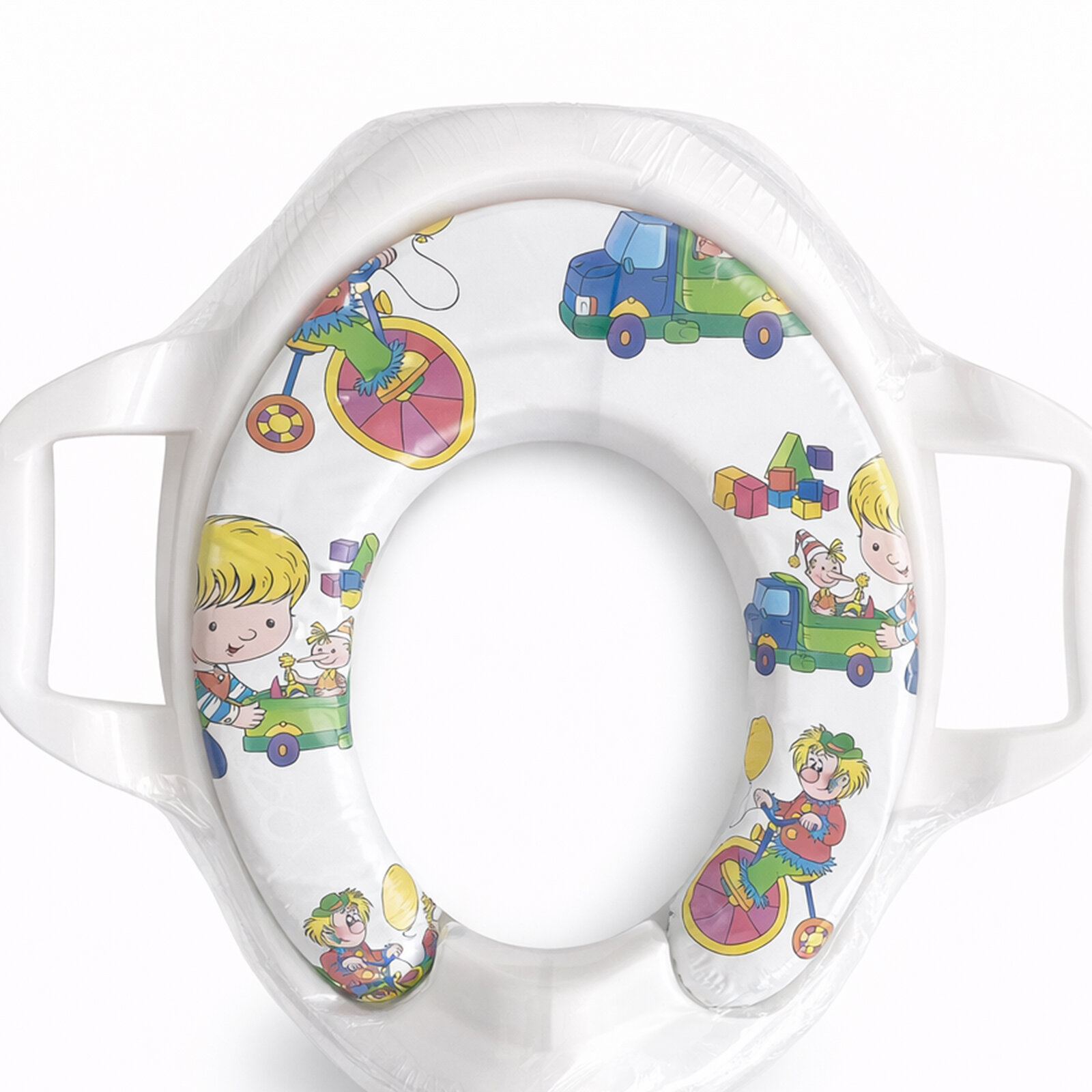Kamyon Desen Kulplu Yumuşak Oturaklı Çocuk Tuvalet Adaptörü – Renkli Desenli Konforlu Lazımlık