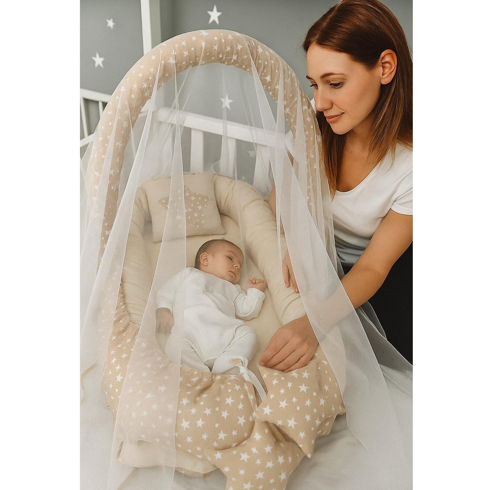 Kahve Yıldız Cibinlik ve Oyuncak Askılı Lüx Tasarım Babynest 